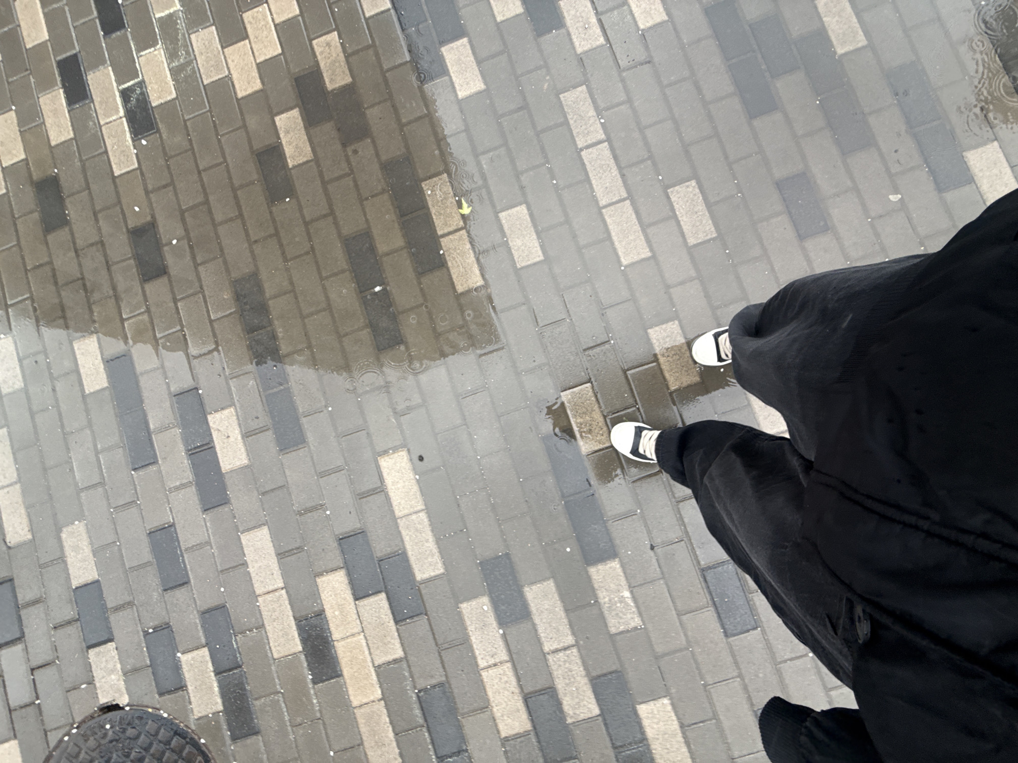 The image depicts a person standing on a brick-paved surface, partially covered with water. The bricks are arranged in a pattern of alternating gray and light brown colors. The person is wearing black pants and white sneakers. The lower portion of a metal manhole cover is visible in the lower-left corner of the image. The location appears to be an outdoor urban area. While the image lacks specific landmarks, the setting is consistent with the urban environment of Saint Petersburg, Russia, given the architectural style and paving materials.