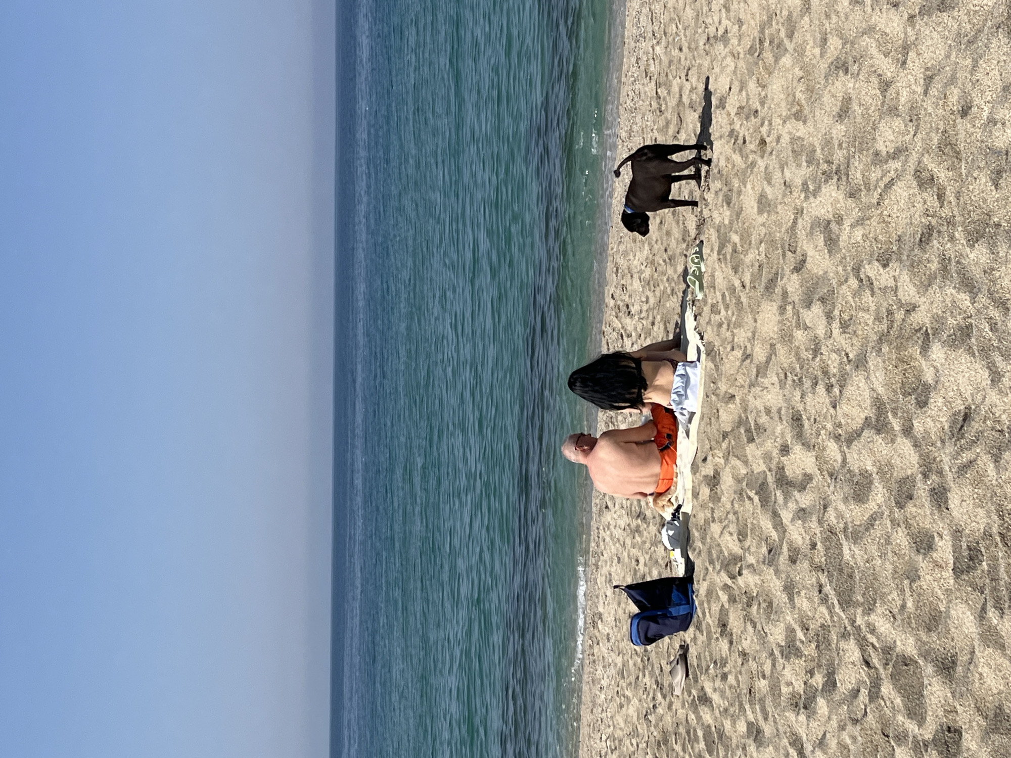 The image depicts a beach scene in Alanya, Turkey. A middle-aged man in orange swimwear and a dark-haired woman are lying on a towel on the sand near the water's edge. A dark-colored dog stands near them. A blue bag sits on the sand next to the towel. The ocean stretches out to the horizon under a clear sky.