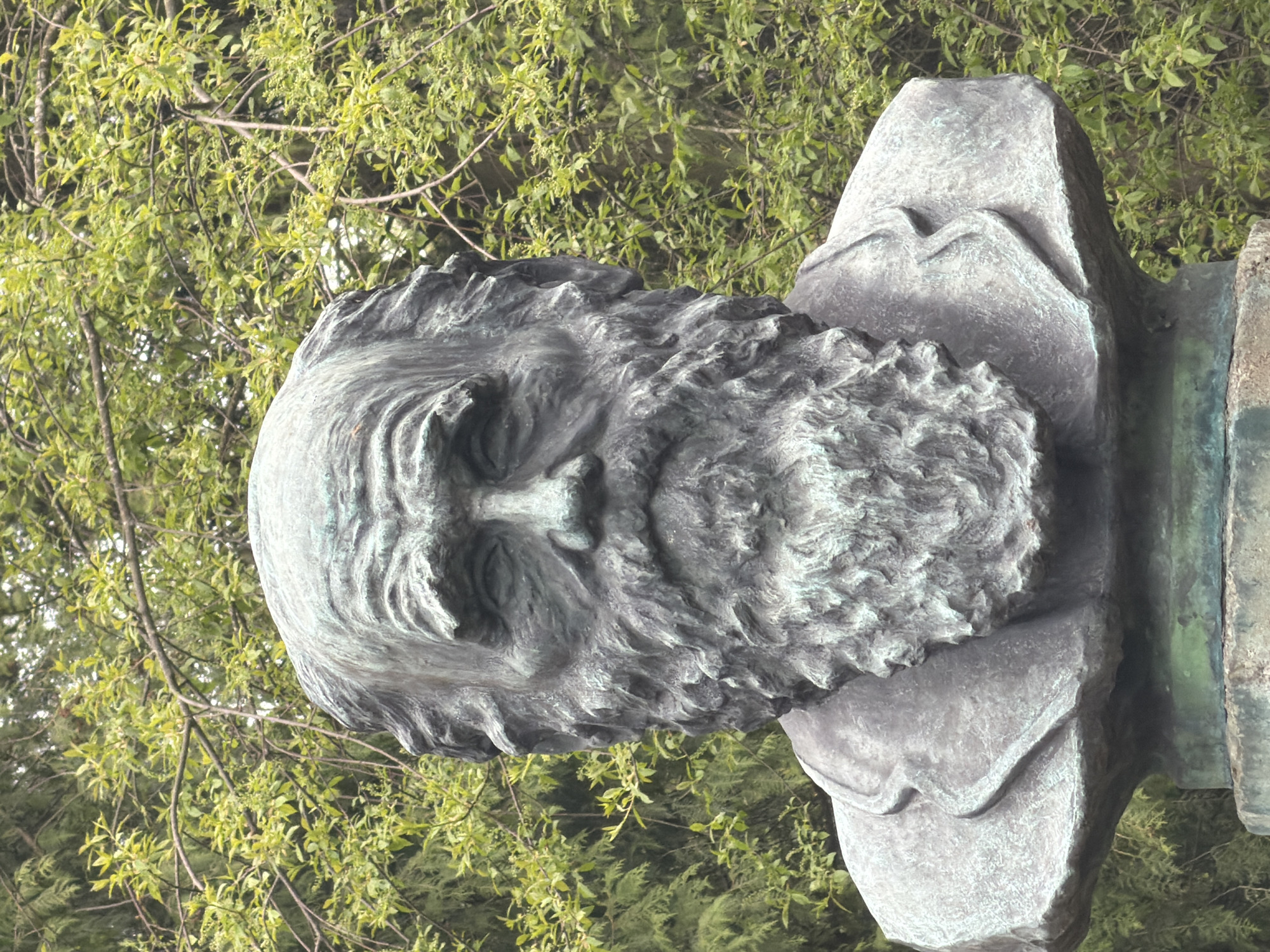 A bronze bust of a bearded man is set against a backdrop of green foliage. The bust is weathered and appears to be outdoors. The man has a full beard and closed eyes. The specific location in the city of Tokkari, Russia, is not discernible from the image.