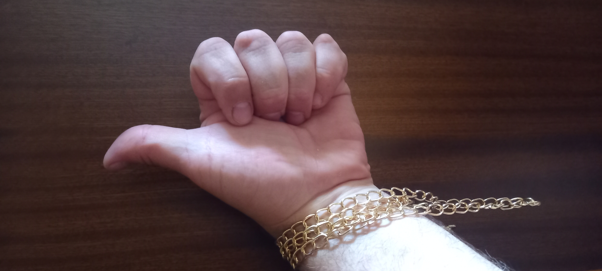A close-up shot shows a left hand with a gold chain bracelet on the wrist, giving a thumbs-up gesture. The background is a dark wooden surface, possibly a door or wall. The lighting suggests an indoor setting. The image does not contain any discernible location information related to Kryvyi Rih, Ukraine.