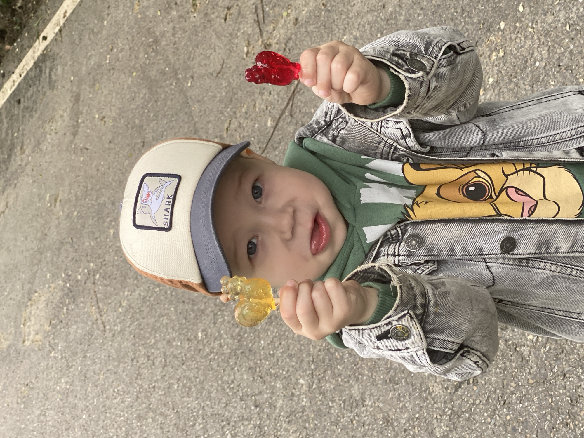 A young child stands on a gray asphalt surface, possibly a sidewalk or paved area, holding a red lollipop in their right hand and a yellow lollipop in their left. The child wears a cap featuring a shark design, a green hoodie adorned with a lion cub graphic, and a gray denim jacket. The scene appears to be outdoors. The image doesn't give us enough information to confirm the location in Sochi, Russia.