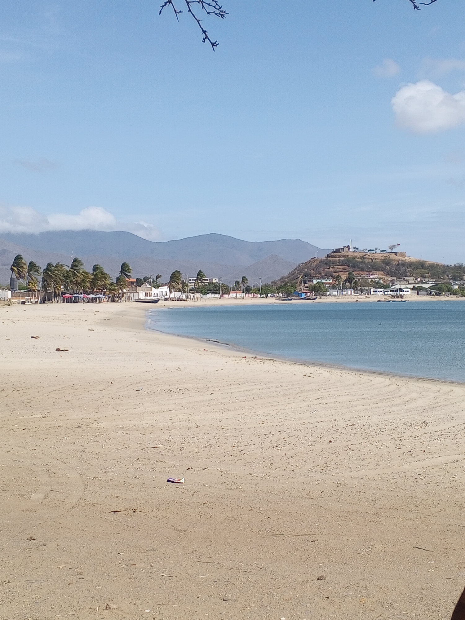 The image captures a wide sandy beach bordering calm, light-blue water. Across the water is a populated hillside topped with a monument. The hill and hillside buildings overlook what appears to be the city of Juan Griego, Venezuela. In the background are mountain ranges partially obscured by clouds. The sky is light blue with scattered clouds, suggesting fair weather. Several palm trees line the beach on the left side of the image, leaning from the wind. Debris dots the beach, including what appears to be a piece of trash in the lower center.