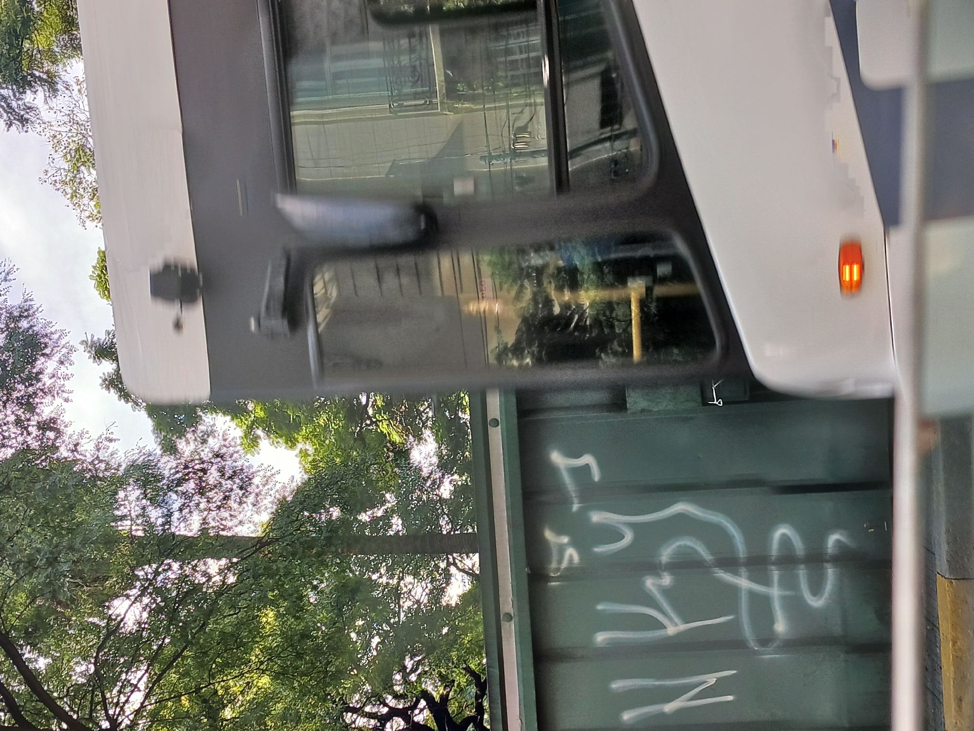 A partial view of a white and gray bus is visible in front of a green wall with white graffiti. Trees are visible behind the bus, suggesting an urban environment. The context clues, such as the graffiti and the type of bus, indicate this is likely in Buenos Aires, Argentina.