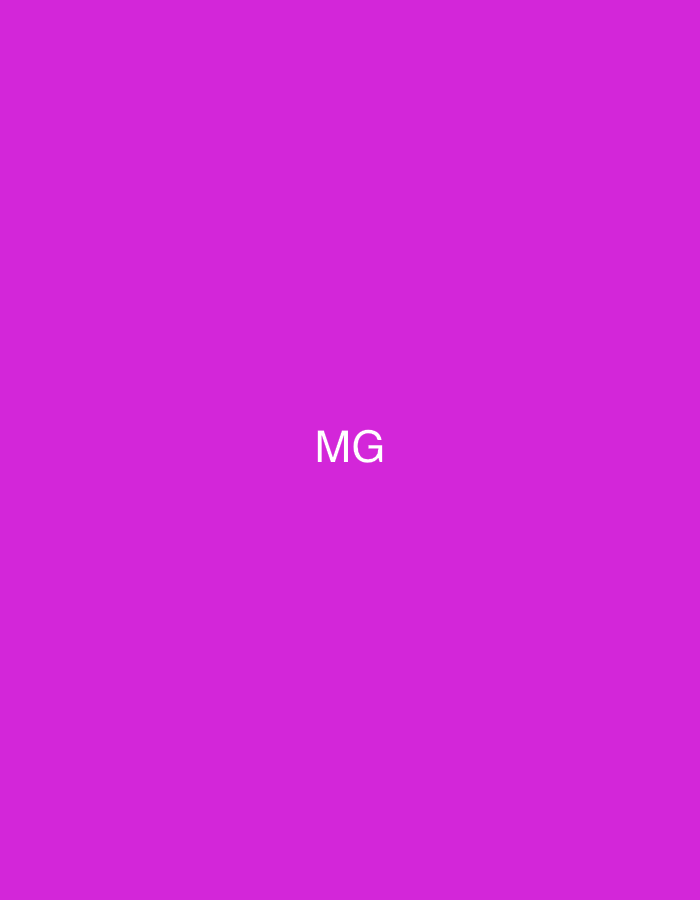 The image displays a minimalist graphic on a solid magenta background. Centered on this background are two uppercase white letters, "MG". No individuals, physical objects, or environmental features are depicted. There is no visible action or interaction within the graphic. Based on the information provided, this image is contextualized within the city of Casablanca, Morocco.
