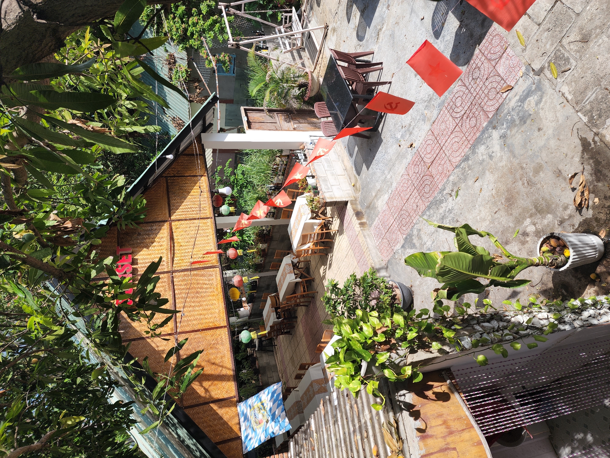The image depicts an outdoor seating area of a restaurant, likely located in Phan Thiet Ward, Vietnam, given the presence of red flags with a hammer and sickle symbol, commonly associated with Vietnamese political imagery. The scene is bathed in bright sunlight, creating strong shadows.
The seating area is paved with a combination of concrete and decorative red-patterned tiles. Several tables and chairs are arranged for dining, with some tables covered with white tablecloths. One area has a long table set up with what appears to be a blue and white patterned banner displaying an emblem.
A covered structure with a thatched roof and bamboo siding provides shade over part of the seating area. Hanging lanterns of various colors, including green, yellow, and red, are visible, adding to the festive atmosphere.
Greenery is abundant, with potted plants and trees surrounding the area. A large banana plant with broad leaves stands prominently in the foreground, and a hanging vine entwined with white stones adds a decorative touch. In the background, a white swing set is visible, suggesting a relaxed ambiance.
Red triangular flags on strings are strung across the area, some bearing the hammer and sickle symbol, reinforcing the likely political context. The overall impression is of an outdoor dining space decorated for a celebration or event. There are no people visible in the image.