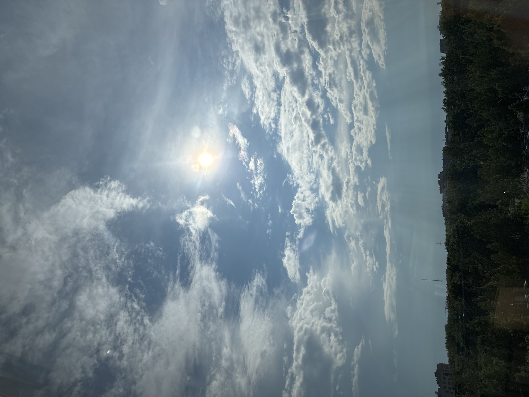 The image depicts a natural landscape under a cloudy sky. The sun, a bright sphere with visible rays, shines through breaks in the clouds, casting streaks of light downwards. The sky transitions from a bright blue near the sun to a hazy gray towards the horizon. Below the sky, a dense canopy of dark green trees stretches across the frame, forming a thick forest. In the distance, silhouetted buildings with dark rooftops are visible, suggesting a distant urban area. The overall scene is serene and dominated by the interplay of light and cloud.