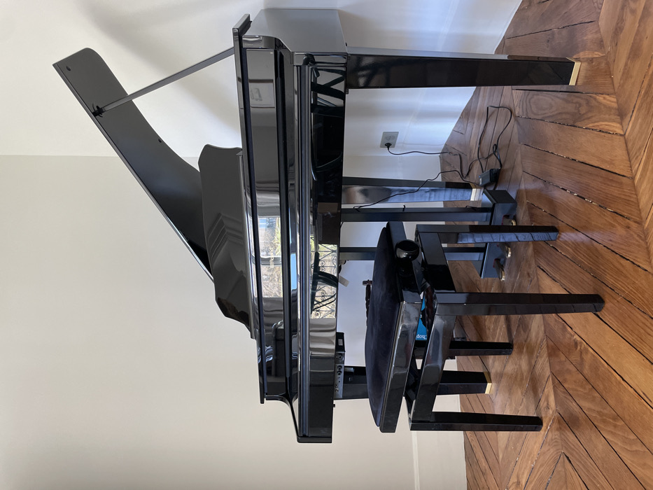 An indoor scene in what appears to be a residential room in Paris, France, displays a glossy black digital grand piano with its lid propped open, positioned at an angle in a corner against light-colored walls. The brand "Roland" is faintly discernible on the piano's fallboard. A matching black piano bench with a velvet-cushioned seat is placed directly in front of the instrument. Under the bench, a blue object is partially visible. The piano's electronic components are connected by a black power cord to a Type E electrical outlet on the wall in the corner. Three standard piano pedals are visible at the base of the instrument. The floor is composed of warm-toned wood parquet laid in a herringbone pattern. The highly reflective surface of the piano's body shows clear reflections of an exterior environment through a window, including trees, a distant building facade, and an ornate metal railing. The legs of both the piano and the bench feature subtle gold-colored accents near their bases. No individuals are present.