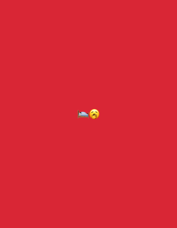 The image displays a minimalist composition set against a solid red background. Two emojis are centrally positioned, conveying a theme of sleepiness or rest. On the left, there is a bed emoji, depicting a person under a blue blanket, suggesting an act of going to bed or being asleep. To its right, a yellow face emoji with a wide open mouth and visible teeth clearly represents a yawn, signifying tiredness or a need for sleep. The combination of these emojis strongly implies a state of being weary or ready for rest. There are no other subjects, objects, or discernible details within the image to suggest a specific physical setting or location, such as Blagoevgrad, Bulgaria, beyond the abstract representation provided by the emojis. No text is visible.