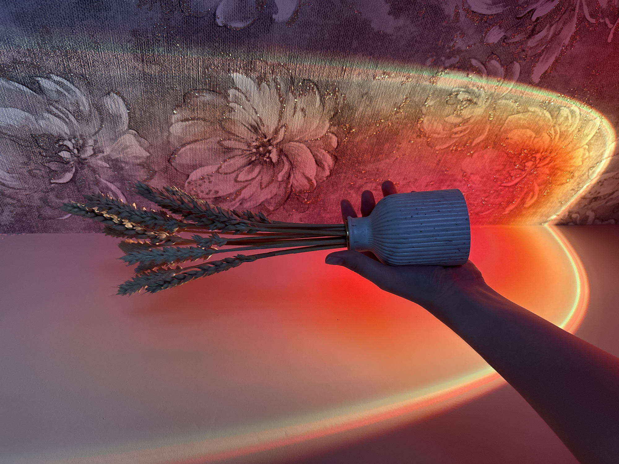 A hand holds a white ceramic vase containing a bundle of dried wheat stalks. The vase is positioned in the foreground, on the right side of the frame. The background features a wall with a floral wallpaper pattern and a corner where two walls meet. The scene is illuminated by a sunset lamp, casting colorful light gradients and rainbow-like reflections across the walls and the subjects. The left wall is dominated by a warm gradient of red, orange, and yellow light, while the right wall, with its textured floral wallpaper, is affected by a mix of pink, purple, and green hues from the lamp. The light creates highlights and shadows, adding a dramatic and atmospheric effect to the composition.
