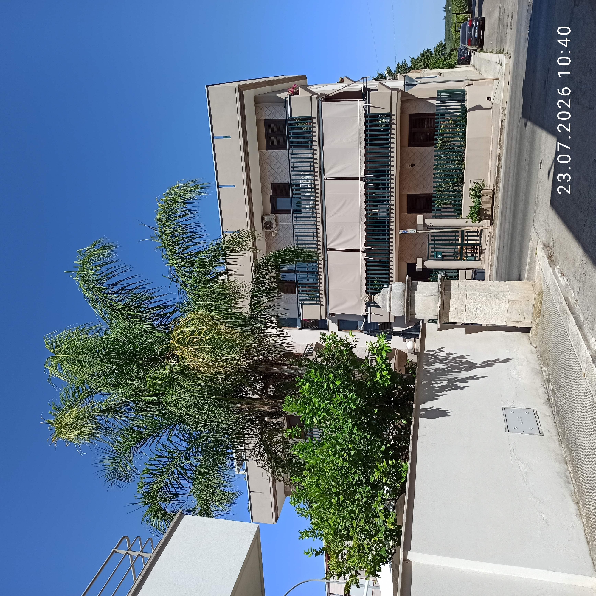The image shows a multi-story building with balconies and awnings, partially obscured by a palm tree and lush green foliage. The building is light brown and beige, with dark green railings and shutters. The sky is a clear, bright blue. In the foreground, there is a white wall with some texture and a grey electrical box on it. A stone pillar stands near the street. The street itself is paved with asphalt and concrete. A black car is parked on the right side of the street, and another car is partially visible behind it. The scene appears to be in a residential area. The bottom right corner of the image has a timestamp reading "23.07.2026 10:40". The location is Bitonto, Italy.