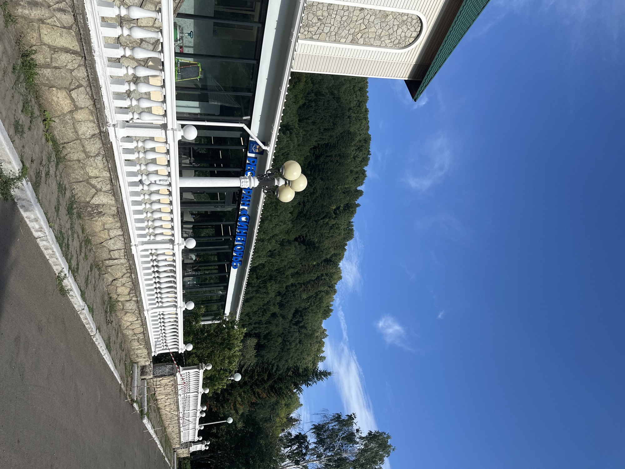 The image shows a building with a green roof and a stone-accented facade, identified as a restaurant by blue lettering on its glass exterior. A white balustrade with decorative posts lines the walkway in front of the building, backed by a stone wall and a densely forested hillside. The sky is a clear blue with scattered white clouds. The environment appears to be a park or recreational area in the city of Danilovka (Altai), Russia. No people are visible in the scene.