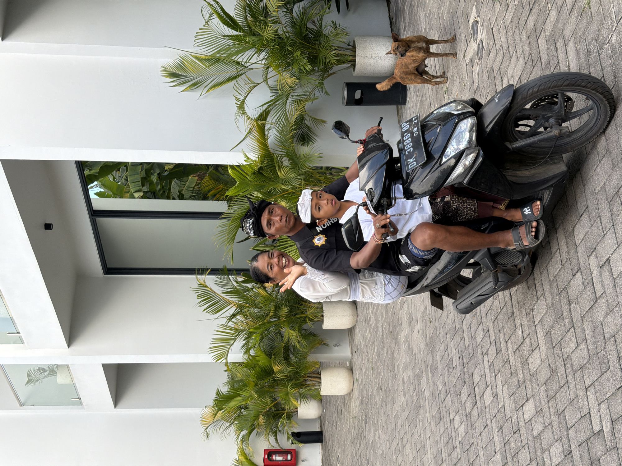 A family of three, including two adults and a young boy, are positioned on a black scooter in what appears to be an outdoor area of a modern building complex. The adult male is driving, wearing a black polo shirt with insignia and a dark head covering. The adult female is seated behind him, wearing a white traditional outfit, and is waving with her right hand. The young boy is in front of the driver, wearing a white traditional outfit and a white head covering. He is holding the scooter's handlebars. A medium-sized, brown dog stands to the right of the scooter, facing away from the camera. The scooter has a license plate that reads "DK 3886 BP 03-27". The ground is paved with interlocking gray bricks. Behind the subjects, there is a white building with modern architecture, featuring large windows and balconies. Several potted plants with lush green fronds are visible in front of the building. The setting suggests a warm climate, likely Kuta Selatan, Indonesia, given the architecture and vegetation.