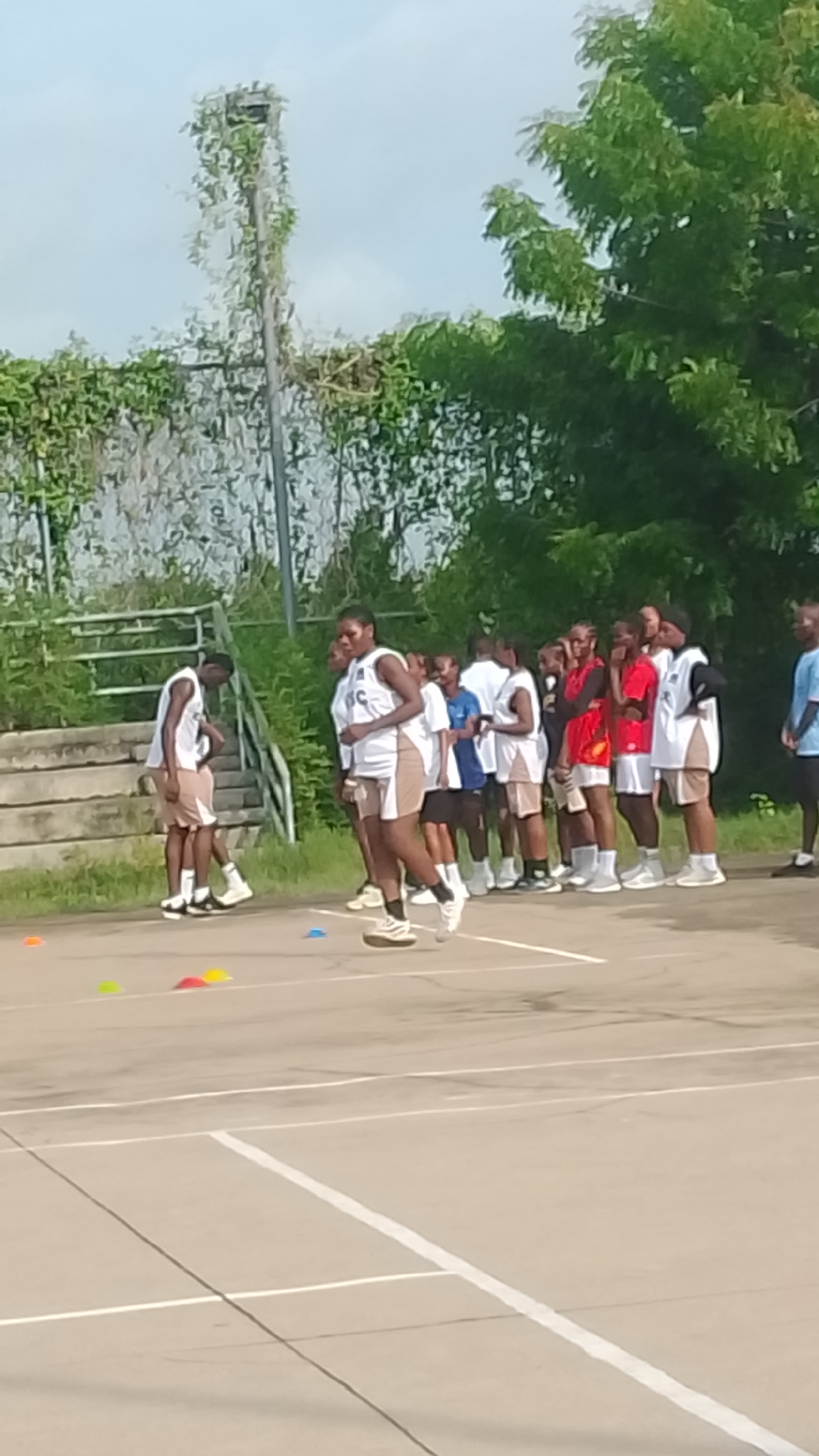 The image depicts an outdoor sports training session taking place on a sunny day in Lokoja, Nigeria. Approximately ten to twelve young individuals, appearing to be teenagers or young adults, are gathered on a concrete court marked with white lines, suggesting a multi-purpose sports ground.
In the foreground, slightly left of center, one participant is captured mid-action, seemingly jumping or performing an exercise. This individual wears a white sleeveless jersey, brown shorts, and white athletic shoes. Near their feet are several small, colorful training cones in yellow, orange, and blue, indicating a drill setup. The rest of the group is lined up to the right, mostly observing or awaiting their turn. Many wear similar white sleeveless jerseys with brown shorts, white socks, and athletic footwear. A few individuals further down the line are dressed in tops of different colors, including red, blue, and light blue. Some white jerseys show faint black lettering, possibly "VC" or "UC", but it is not clearly legible.
The background features concrete bleachers or steps alongside a metal fence. Beyond these structures, a lush green expanse of trees and dense foliage forms a natural backdrop under a bright, clear sky. A tall, thin pole, likely a light pole, stands on the left, heavily entwined with green vines. The overall scene suggests an organized and focused athletic practice or training event.