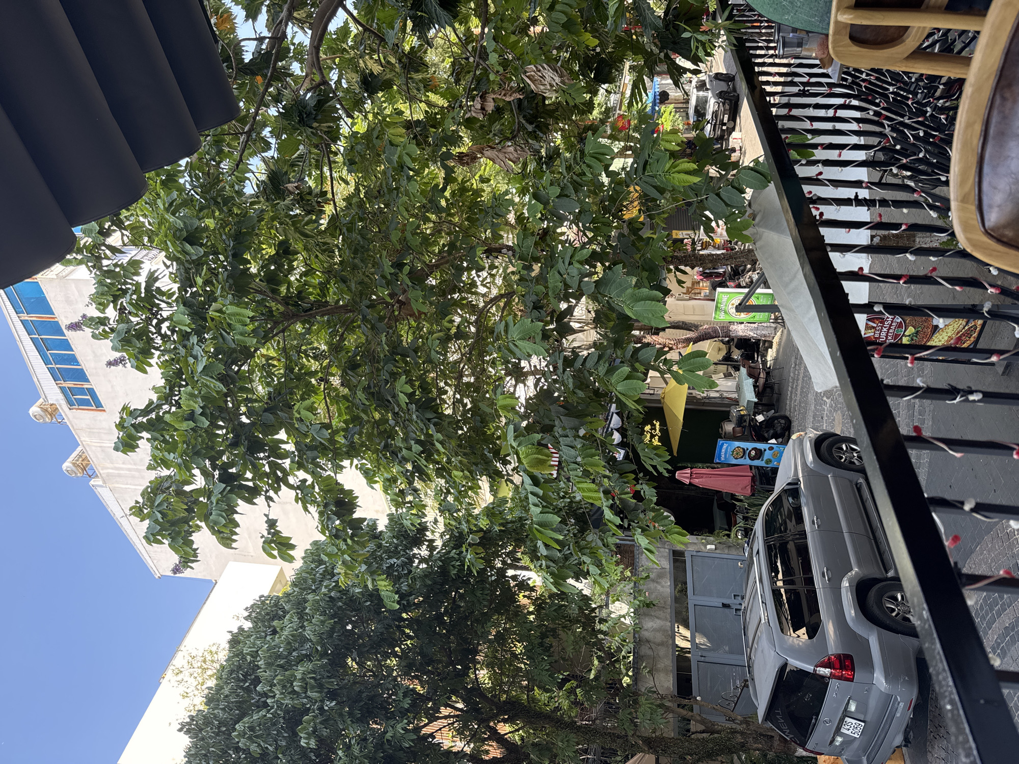 A grey Lexus GX 470 SUV is parked on a cobblestone street in front of a building. The vehicle's license plate reads "43S 5069". A large tree with green leaves dominates the foreground, obscuring parts of the street and buildings. In the background, there are multi-story buildings, some with blue windows and what appear to be solar water heaters on the roof. A yellow umbrella is visible next to a sign advertising "Hwanine". A pink umbrella is also present. The scene is lit by bright sunlight, suggesting it is daytime. This image was taken in the city of Đà Nẵng, Vietnam.