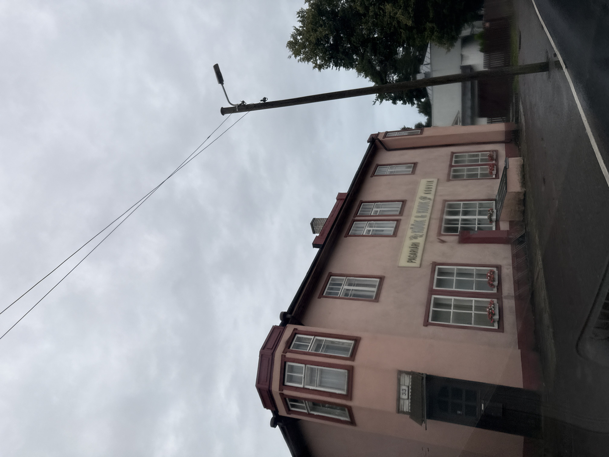 The image captures a cloudy day in Tallinn, Estonia, featuring a pale pink building with maroon trim and a bay window on the left. The building has multiple windows, some with flower boxes. A sign above a storefront reads "PAGARIÄRI KÖÖK & KOOK KÜNVIS". A dark wooden utility pole with a streetlamp stands to the right of the building, and power lines are visible stretching across the sky. In the background, a white building with a dark roof and a wooden fence can be seen, along with a dense green tree. The street in front of the building appears wet, suggesting recent rain. A metal railing is partially visible in the foreground.