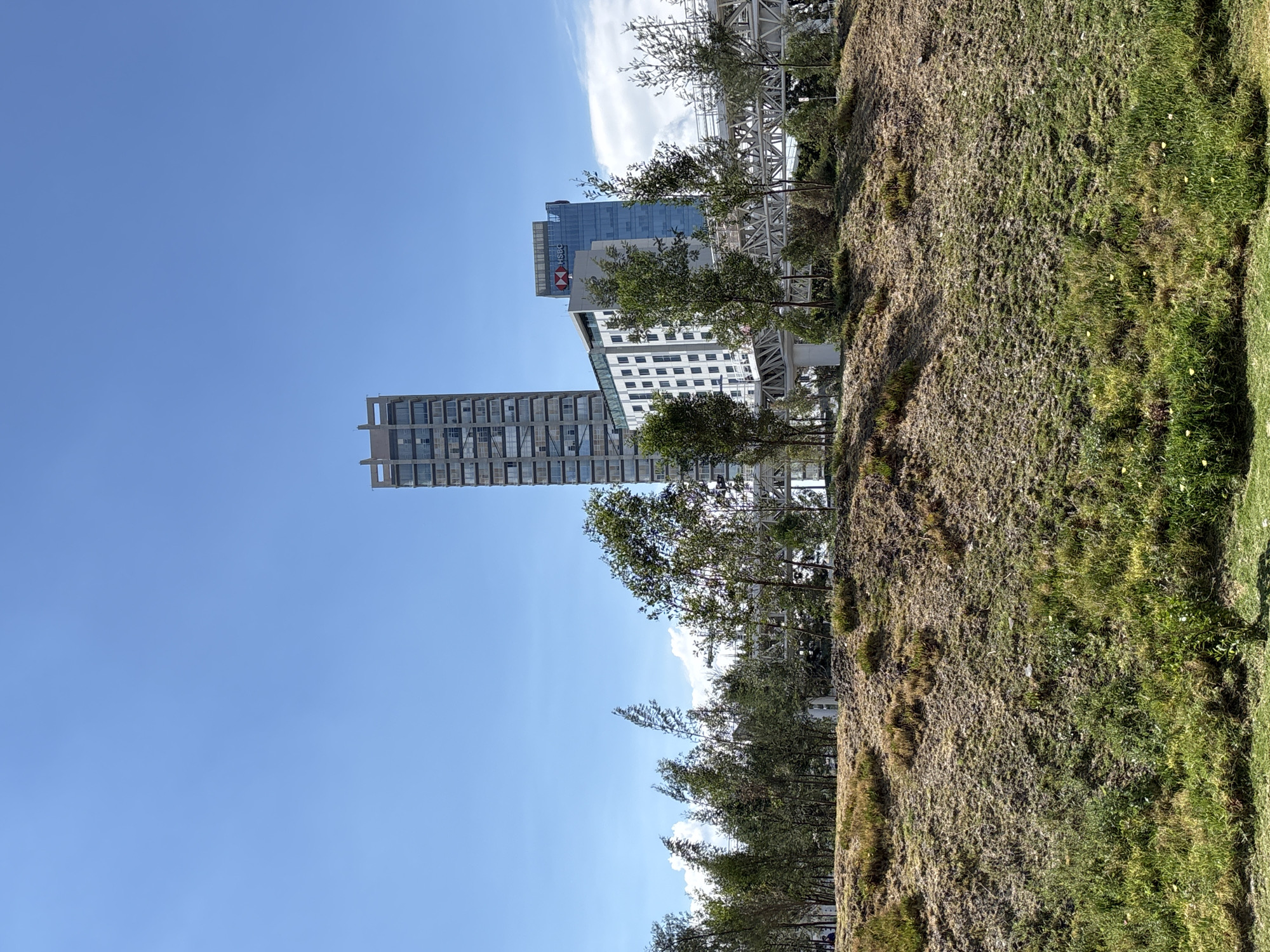 The image shows a landscape in Puebla, Mexico with several buildings visible. In the foreground is a grassy hill with trees partially obscuring the view. Beyond the trees, several modern buildings are visible against a clear blue sky. One of the buildings prominently features the logo of HSBC.
