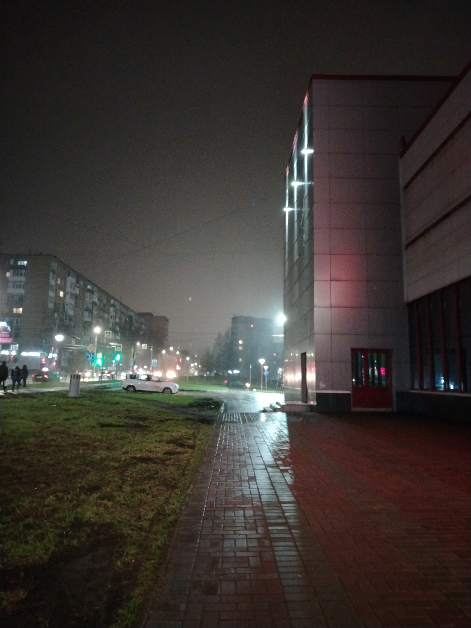 The image depicts a night scene in Izhevsk, Russia. In the foreground, there is a wet brick sidewalk leading up to a modern building with a red door. The building is multi-storied with a grid-like facade, illuminated by vertical lights. Adjacent to the sidewalk is a patch of grass. In the background, multi-story residential buildings line a street with streetlights and traffic signals. Cars are visible on the street, and a few people are standing near the buildings. The overall environment suggests a rainy or recently rainy evening.