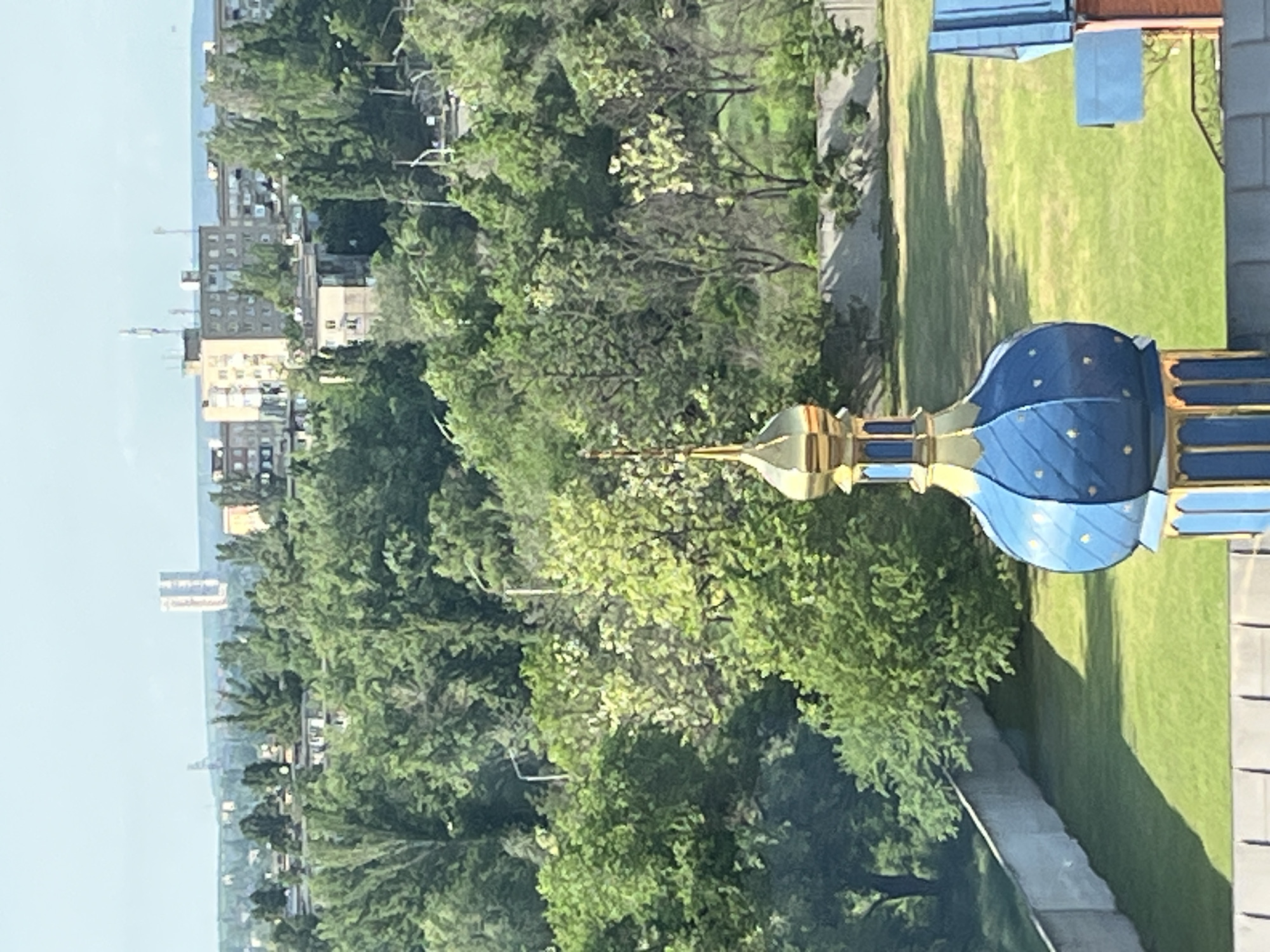 The image shows a cityscape with a focus on a blue and gold domed structure, likely a part of a building or monument. This building or monument is situated near a green grassy area and is surrounded by trees. In the distance, one can see buildings typical of a city skyline, suggesting an urban setting. Given the request for a specific location, it's plausible this scene is from Kryvyi Rih, Ukraine, but the image itself doesn't provide definitive proof.