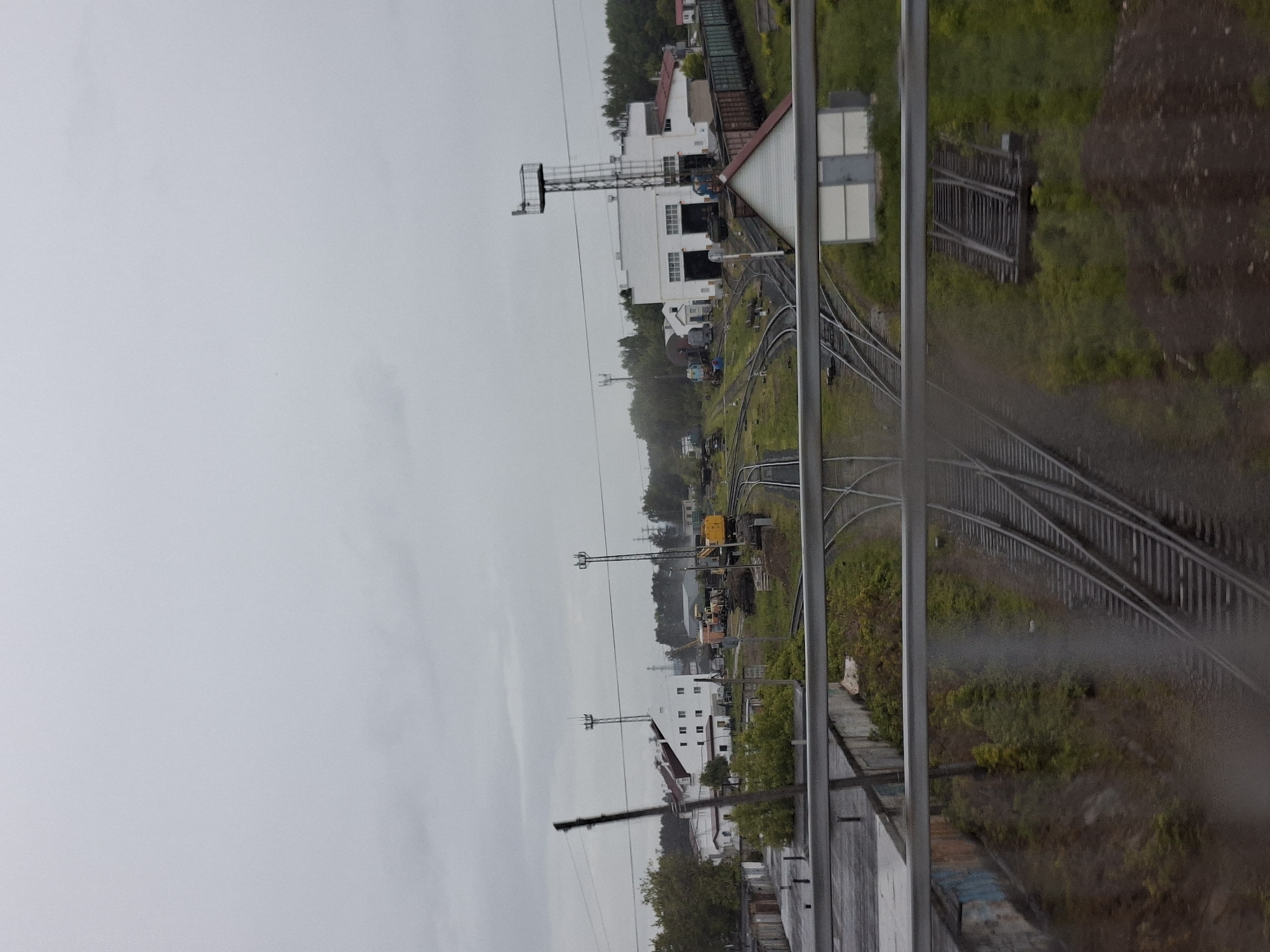 The image depicts an expansive view of an industrial or railway shunting yard on an overcast day. The scene is dominated by a complex network of railway tracks, switches, and associated buildings, extending from the foreground into the middle distance.
In the immediate foreground, a grey metal railing or fence runs diagonally, partially obscuring the lower right portion of the image. Beneath this, concrete or stone structures are visible, some with discolored patches.
The middle ground features numerous parallel and converging railway tracks, with several track switches clearly visible, indicating a functional rail depot. Patches of green grass and yellow-flowered vegetation grow between and alongside the tracks. Scattered throughout this area are various pieces of heavy machinery, including a prominent yellow excavator or earth-moving equipment, and other construction or maintenance vehicles.
Several multi-story white industrial buildings with dark windows are visible, some featuring large garage-style doors. One building has a distinct red roof, while another has a lighter gray roof. Tall metal utility poles or signal towers, some with complex antenna-like structures at their tops, stand along the tracks and near the buildings. Overhead wires stretch across the scene.
Further in the background, more buildings and denser patches of trees are visible, fading into the hazy, light gray sky, which suggests a heavily overcast day or possibly a damp atmosphere. No people are visible, and no specific activity or event is taking place; the scene appears to be an operational but momentarily quiet industrial area. There is no discernible text in the image.