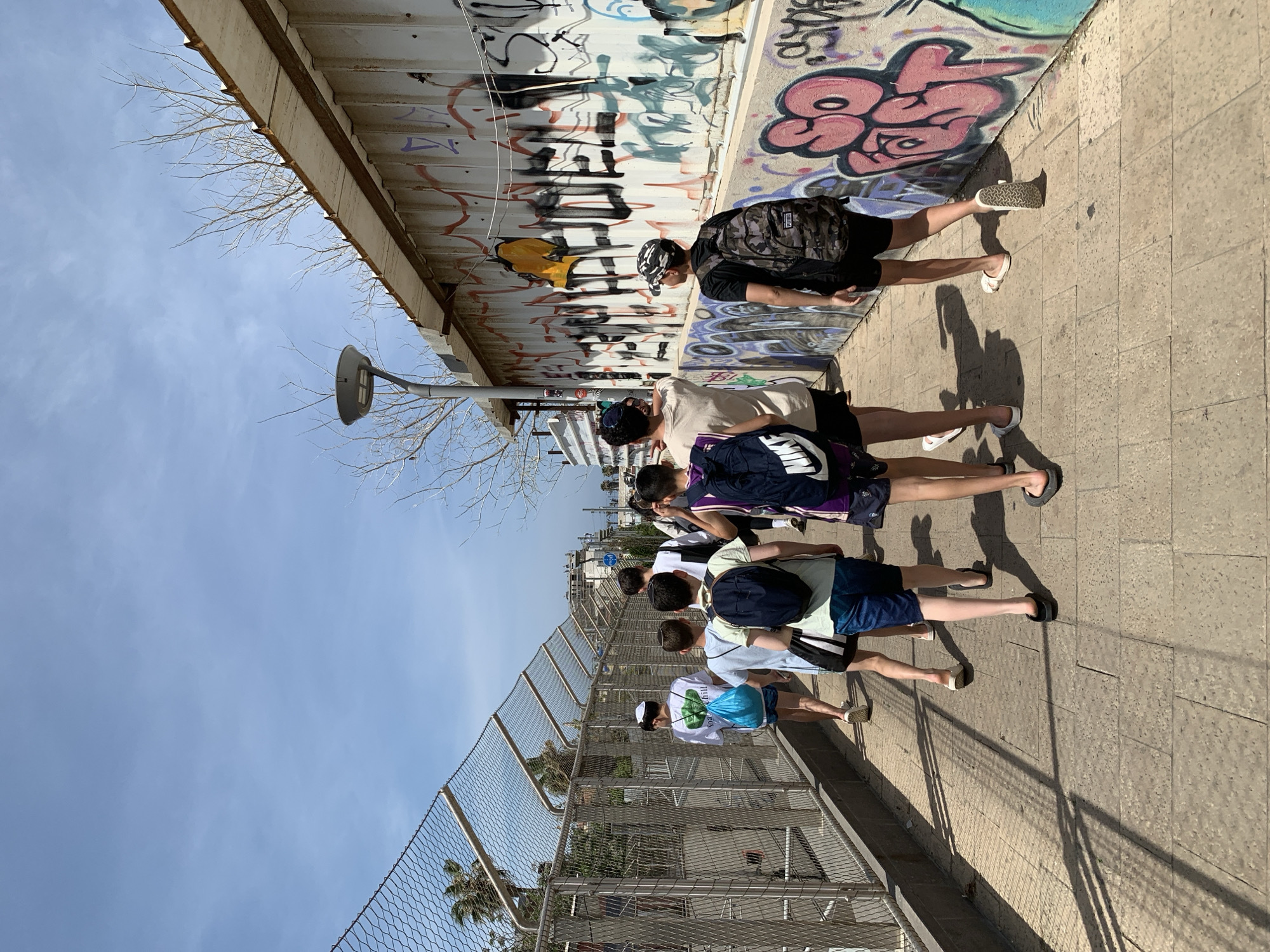 A group of approximately six to seven young males walks along a paved sidewalk on a bright, sunny day in Tel-Aviv, Israel. They are dressed in casual attire, primarily shorts and t-shirts, with some wearing backpacks. Several individuals wear small, dark kippahs (skullcaps) on their heads. The strong, distinct shadows cast by the people on the sidewalk indicate a high sun, suggesting it is likely mid-morning or afternoon.
To their right, a long wall, possibly constructed from corrugated metal, is extensively covered in various styles of colorful and monochrome graffiti. Notable elements of the graffiti include large, pink bubble letters, abstract shapes, and other spray-painted designs and illegible text. Bare branches or sparse vegetation protrude from the top edge of this graffiti-covered wall, reaching towards the clear blue sky. A grey street light fixture is mounted on a pole near the wall.
To their left, a tall chain-link fence runs parallel to their path, separating the sidewalk from a lower area where palm trees and distant urban structures are visible. The group appears to be walking in the same direction, away from the viewer, in a seemingly relaxed and unhurried manner. The scene captures an everyday urban environment, blending street art, natural elements, and local pedestrian activity under a clear sky.
