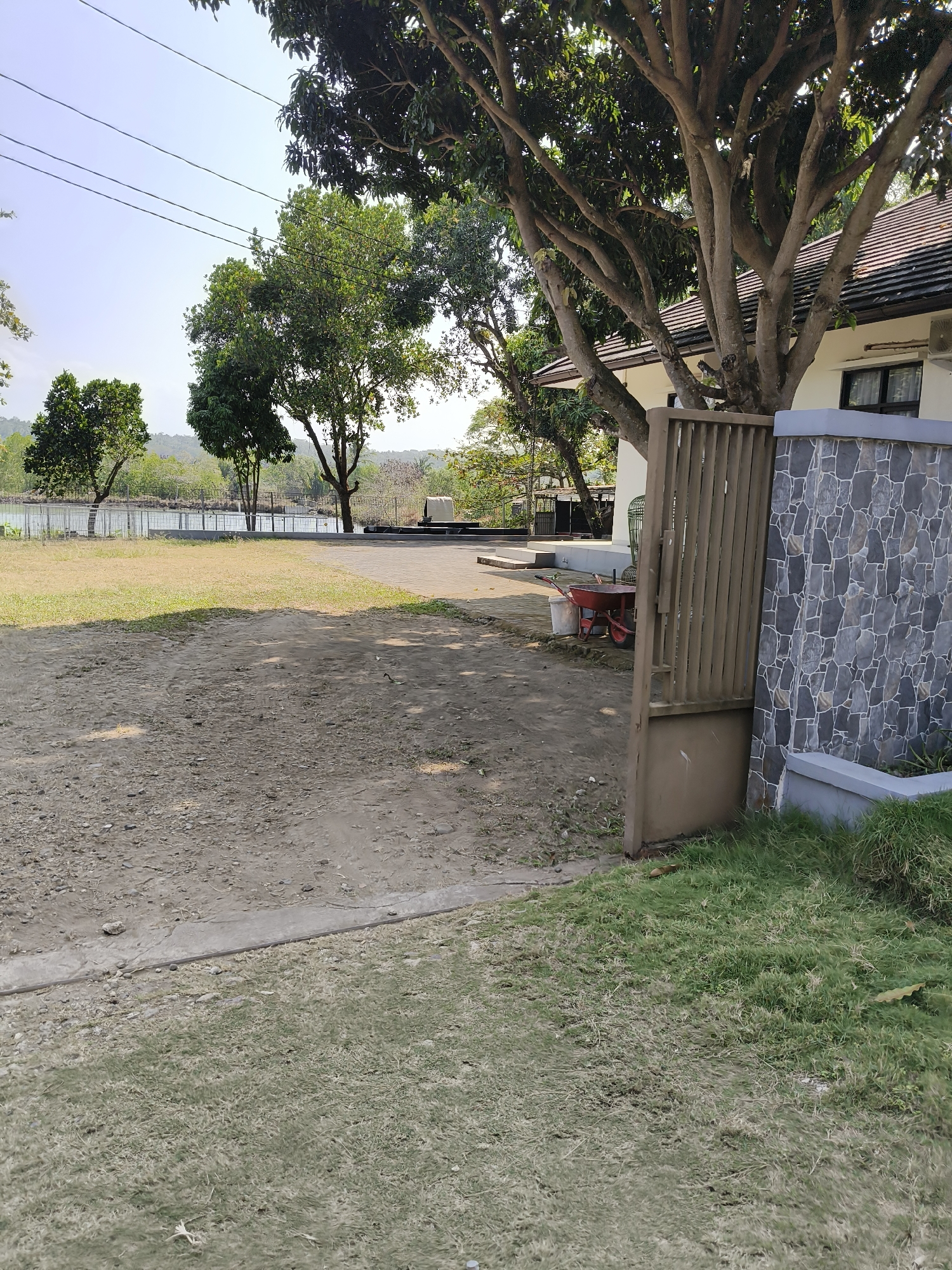 The image depicts a sunny outdoor scene in Desa Karangjaladri, Indonesia, featuring a large tree with thick branches in the foreground, casting shadows on a dirt path. To the right, a partially open metal gate leads to a property with a white building and a stone-accented wall. Behind the gate, a red wheelbarrow and a white bucket are visible near the building's foundation. The left side of the image shows a grassy lawn leading towards a body of water, possibly a lake or pond, bordered by a metal fence and more trees in the distance. Power lines are strung across the clear blue sky. The overall environment appears to be a residential or recreational area with a natural backdrop.