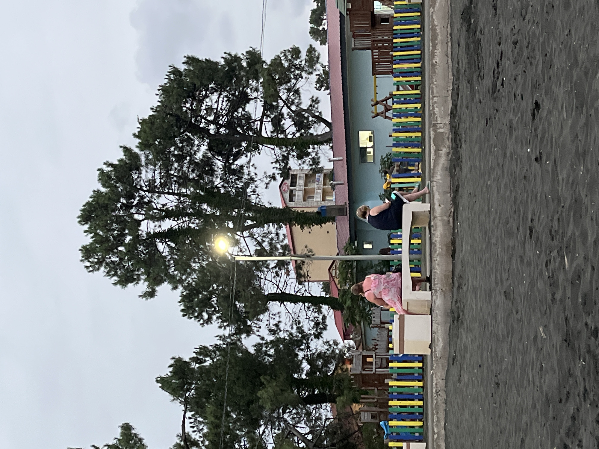 Two women sit on a concrete bench in Ureki, Georgia, facing away from the camera. The woman on the left wears a pink floral dress, and the woman on the right wears a dark blue dress. They are positioned in front of a colorful fence composed of yellow, blue, and green wooden posts. Behind the fence, a light blue building with a red roof is visible, along with parts of a playground structure. Tall green trees with visible vines growing on them surround the scene. A street lamp with a lit bulb stands to the right of the women, casting a warm glow. The ground in the foreground is dark, sandy soil. The sky above is overcast and gray.