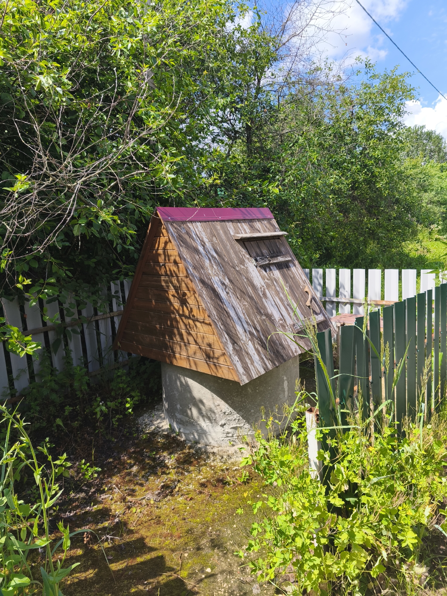 The image shows a well in an outdoor setting. The well has a concrete base and a wooden, A-frame roof with a red-colored metal covering. The wooden structure is weathered, with visible planks and a small opening or hatch. The well is surrounded by a fence made of both white and green vertical planks. Lush green foliage and tall grass grow around the base of the well and behind the fence, partially obscuring it. In the background, more trees and greenery are visible under a bright, partly cloudy blue sky. A power line runs diagonally across the upper right portion of the image. The scene suggests a rural or garden setting, likely during the daytime, given the sunlight and shadows. There is no text visible in the image.