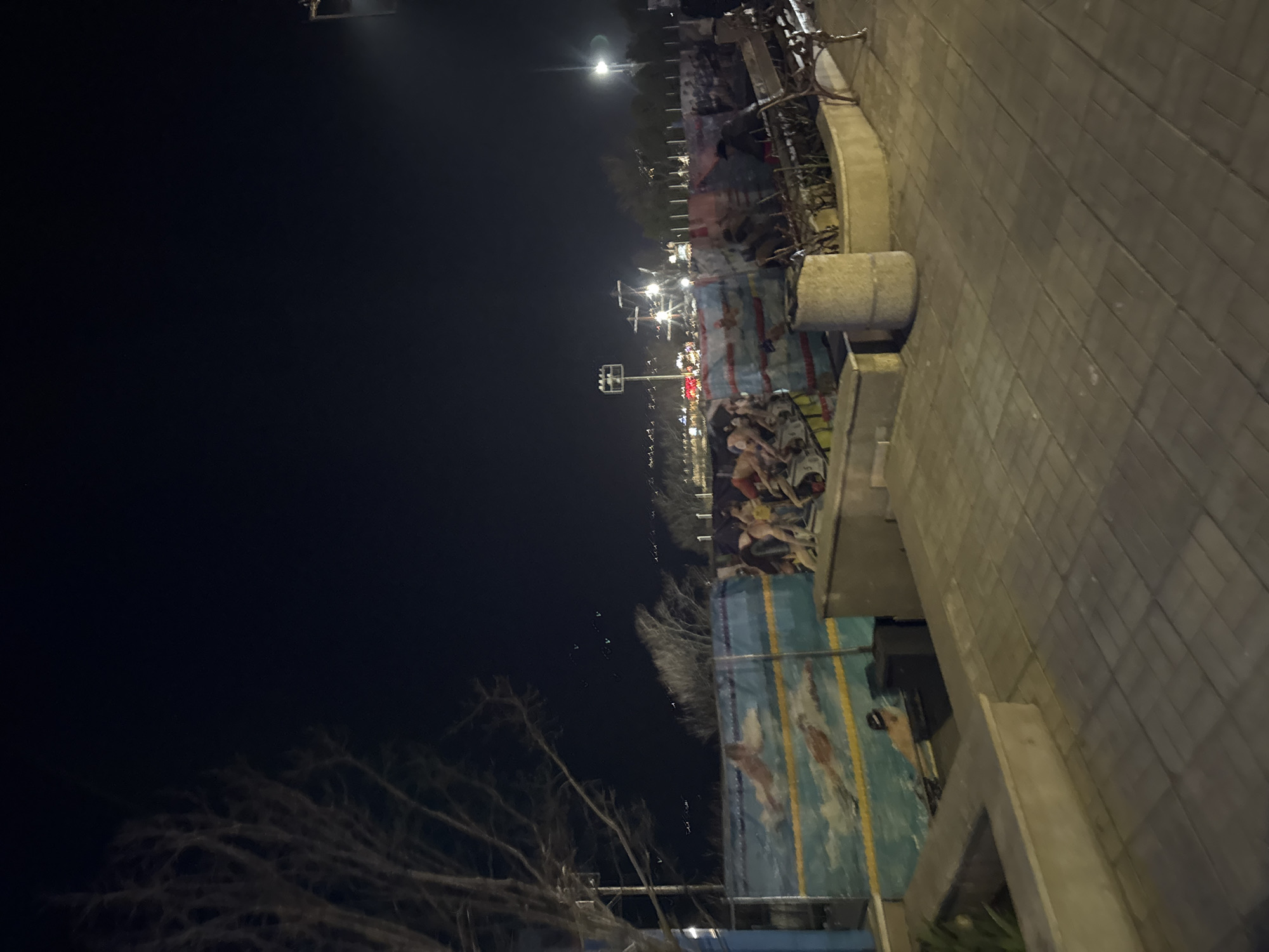 The image depicts a nighttime scene in an outdoor public area of Varna, Bulgaria, likely a promenade or park adjacent to the coastline or a significant body of water.
In the foreground, a paved pedestrian pathway composed of rectangular pavers extends from the bottom of the frame. To the left and center, a low, L-shaped concrete planter or retaining wall contains sparse, dark vegetation. A cylindrical concrete structure, possibly a planter or waste bin, stands near the corner of this wall. On the far right, a section of a dark metal park bench with decorative scrollwork on its armrest is visible.
The midground is dominated by a temporary barrier, possibly a fence, covered with a large, horizontally oriented banner. The banner features a vibrant graphic of multiple swimmers in a pool setting, rendered in blue and yellow hues, depicting various swimming strokes. Behind this banner, indistinct forms suggest structures and a few human figures; one figure on the far right appears to be standing or seated behind the barrier, wearing dark clothing and a cap. Bare-branched trees are visible on the left and center-right, reaching into the dark night sky.
The background reveals a dark night sky. Along the horizon, numerous distant artificial lights illuminate what appears to be a city skyline or coastal area. Prominently in the center-background, a brightly lit structure resembling a ship's mast with rigging or a similar tall architectural feature stands out. Another bright streetlamp is visible on the far right, casting a flare. The overall scene is dimly lit by artificial sources.