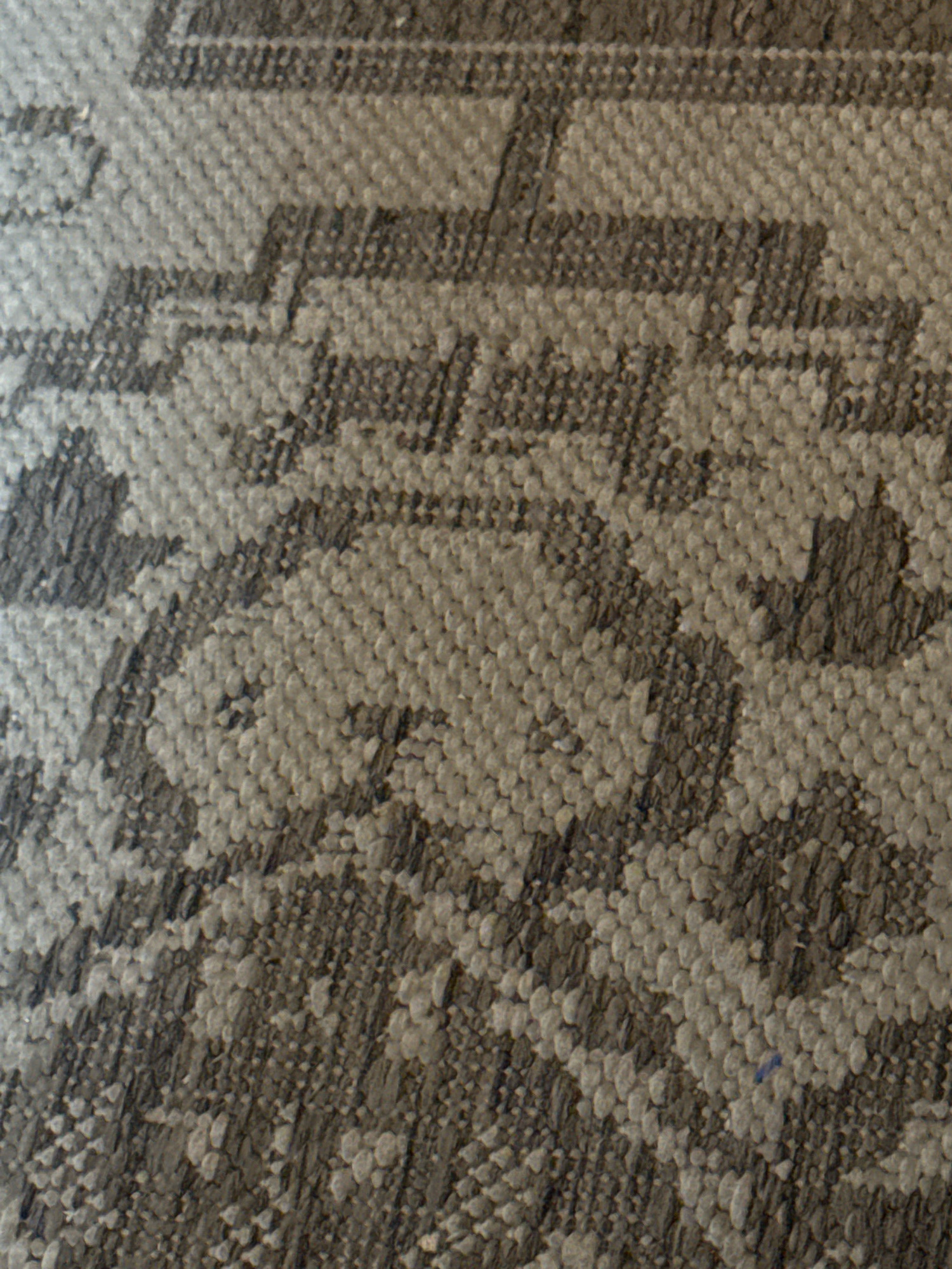 The image is a close-up, overhead shot of a textured surface, likely a carpet or fabric, featuring a patterned design in shades of gray and beige. The pattern appears to be abstract, with geometric and organic shapes intermingling. The texture is characterized by numerous small, raised bumps or fibers that create a pixelated effect. There are no people, animals, or discernible objects other than the textured material itself. The lighting is diffused, casting soft shadows that emphasize the surface's texture. The scene does not provide any information to connect it to the city of Galinė, Lithuania.