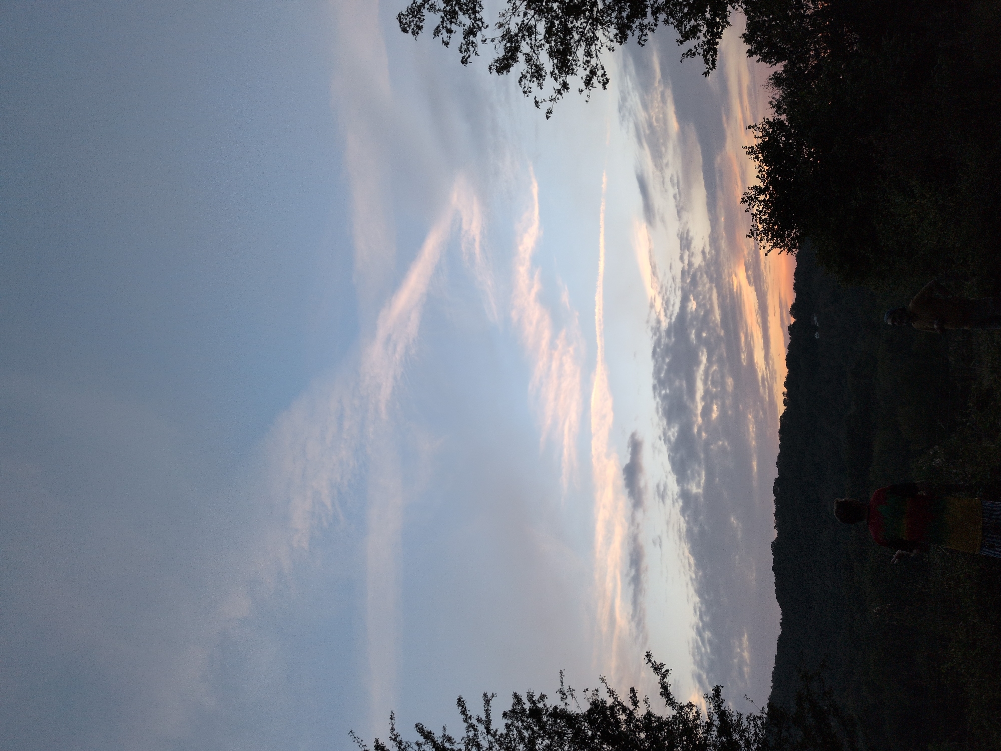 The image depicts a rural landscape at dusk, with a hill covered in dense trees forming the background. The sky is a mix of soft blues and pinks, with wispy clouds suggesting the setting sun. In the foreground, two individuals are silhouetted against the fading light. One person, facing away from the camera, wears a multi-colored shirt and patterned trousers. The other figure, also facing away, is dressed in lighter colored clothing. The vegetation in the foreground is dark and indistinct, with the tops of trees visible on the right and left edges of the frame. The scene appears to be located in an open area, possibly a field or clearing, overlooking the valley. The absence of urban features suggests a remote or undeveloped location, consistent with the rural setting of Little Wenlock, United Kingdom.