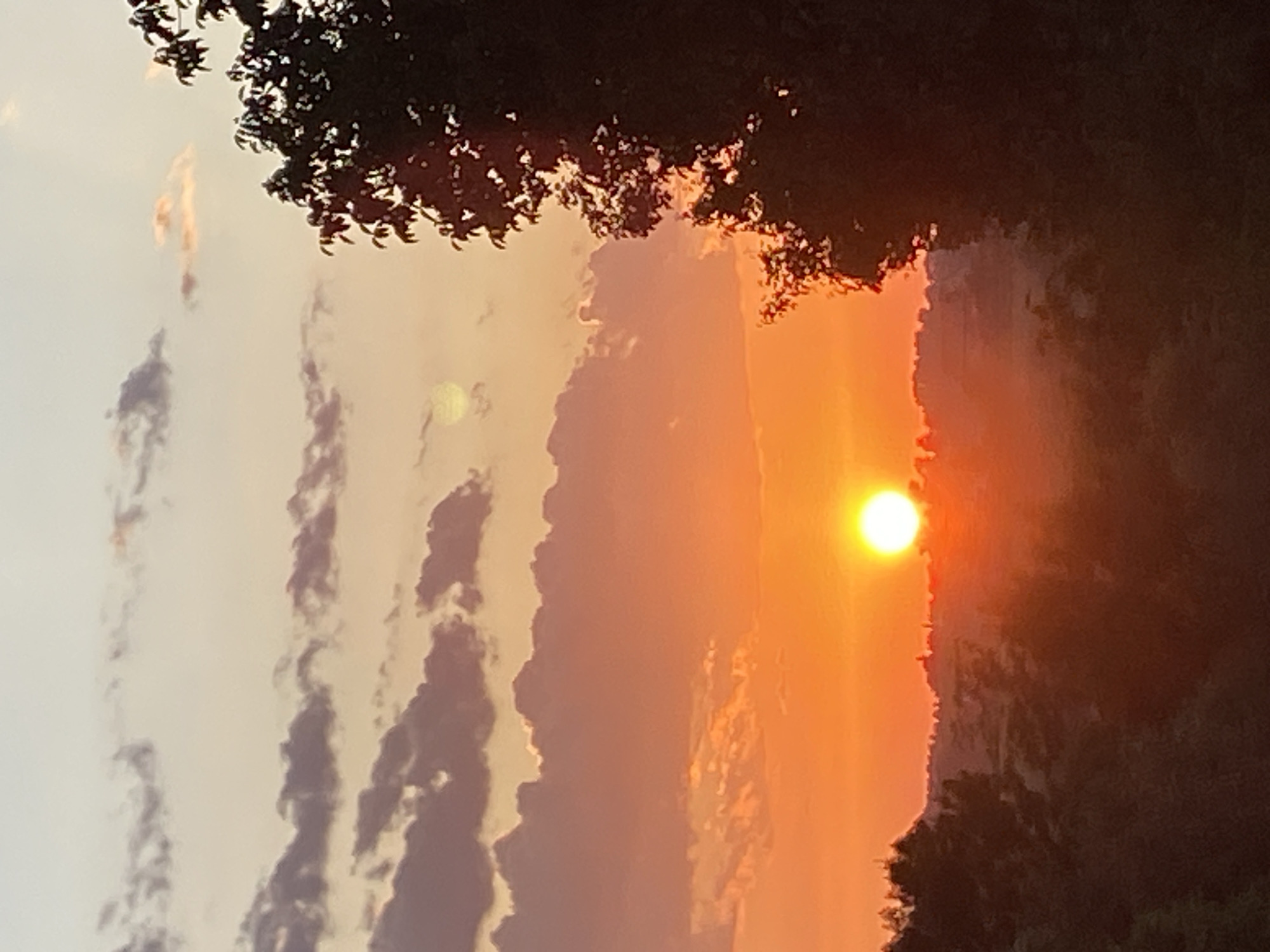 This is a vertical, eye-level, medium shot of a sunset over a rural landscape in Barajevo Urban Municipality, Serbia. The sun is a bright, glowing orb in the center-right of the frame, radiating intense orange and yellow light. The sky is a gradient of warm colors, transitioning from a pale yellow at the top to a vibrant orange near the horizon. Wispy clouds, tinged with pink and purple, are scattered across the sky. In the foreground, the silhouettes of trees and rolling hills are visible, cast in deep shadow against the bright sky. The overall mood is serene and tranquil.