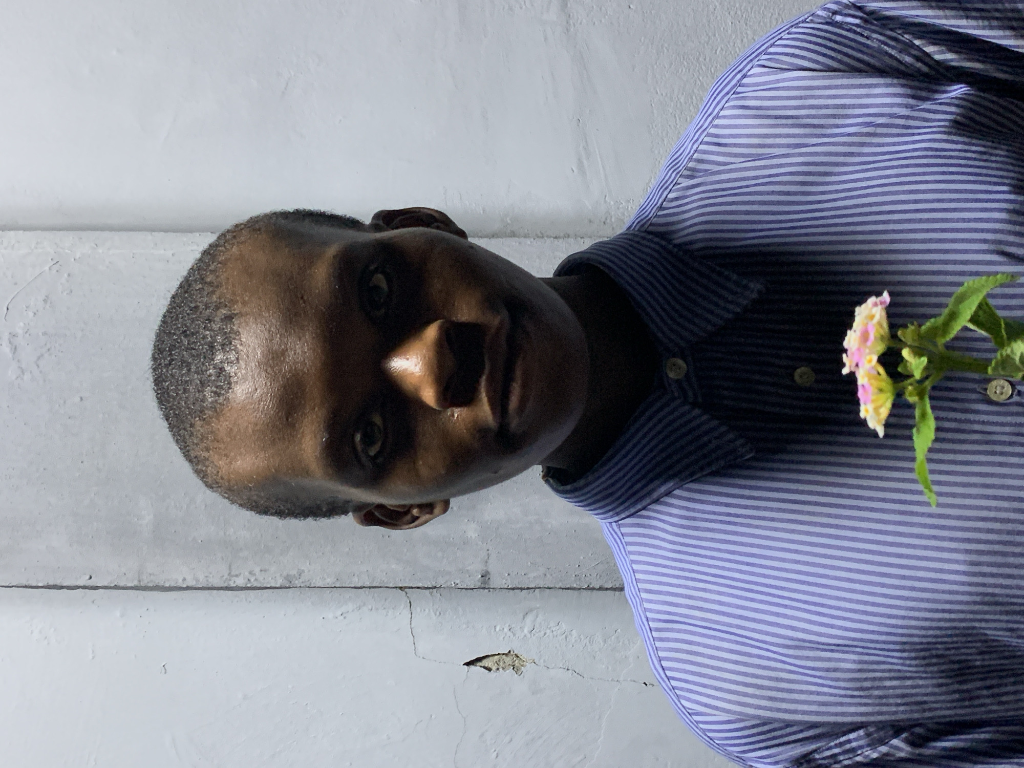 An eye-level portrait shows a young man of African descent, positioned slightly to the left of the frame. He has very short dark hair and a clean-shaven face. His facial features are visible, though the right side of his face (from his perspective) is partially shadowed, casting his eye and side of his nose into deeper shade. He is looking directly towards the viewer with a neutral to slightly contemplative expression.
He is wearing a blue and white striped collared button-up shirt. In his right hand, held near his shoulder, he holds a small sprig of flowers with light pink and pale yellow blooms and several green leaves.
The background is a plain, light-colored, possibly white or off-white, textured wall. The wall shows signs of age and wear, with visible cracks and a chipped section towards the bottom left of the frame. The lighting suggests an indoor or shaded outdoor setting during daytime, with a distinct light source highlighting parts of his face and shirt. The overall scene is simple, focusing on the man and the delicate flowers against the weathered wall. No text is visible. This scene is set in Ibasa, Nigeria.