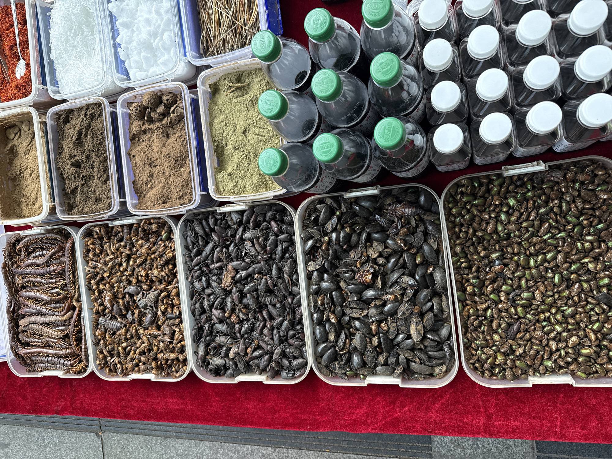A high-angle shot depicts a market stall in Beibei, China, displaying various items for sale. The stall is covered with a red cloth and features a variety of containers holding an assortment of items, including what appear to be dried insects, spices, and bottled liquids.

From left to right, the containers hold:

1.  Orange strands and white needle-like items.
2.  Various powders in shades of brown and green.
3.  Bottles filled with a dark liquid and capped with green lids.
4.  Bottles filled with a dark liquid and capped with white lids.
5.  Trays filled with insects in various shades of brown and black.

The insects appear to be different types, varying in size and color. Some containers hold what resemble centipedes, while others contain beetles and other unidentified insects. The bottles have labels in Chinese characters; some green caps say "Nongfu Spring." The overall impression is of a traditional market stall offering unique and unusual items for sale, likely of medicinal or culinary interest.