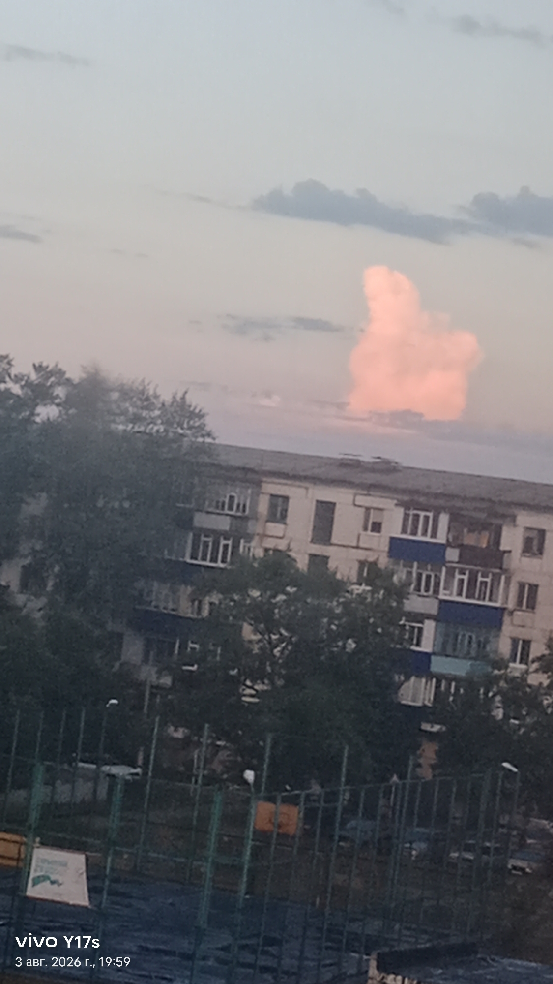 The image shows a residential building with trees in the foreground and a pink cloud formation in the sky. The building appears to be an apartment complex with multiple stories and balconies. The trees are dense and green, partially obscuring the view of the building. The sky is pale and there are some wispy clouds. The time stamp on the image indicates it was taken on August 3, 2026, at 19:59. The bottom left corner of the image displays "vivo Y17s", which is likely the model of the phone used to capture the photo. Based on the timestamp, the image is from Rudny, Kazakhstan. The scene depicts a typical urban environment during the evening.