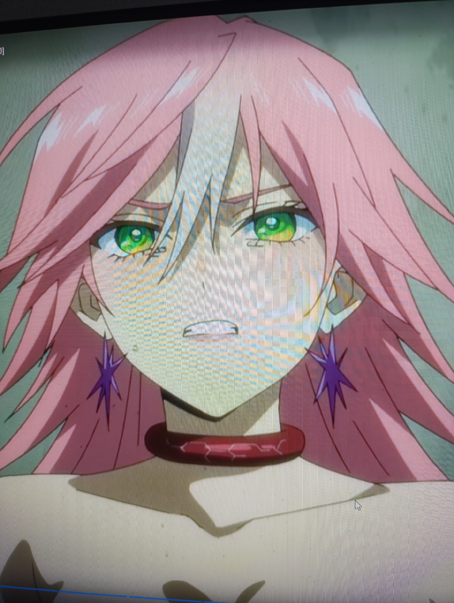 This is a close-up, low-angle, slightly blurry photograph of an anime character's face. The character has long, spiky pink hair with some white highlights. They have large, striking green eyes with yellow accents and dark eyeliner. The character is wearing a dark red choker around their neck, and purple star-shaped earrings. Their mouth is contorted into a grimace, showing teeth. The background is a muted green. The image appears to be a screenshot from a digital display, as evidenced by the visible pixel grid. There is no discernible connection to the city of Abakan, Russia.