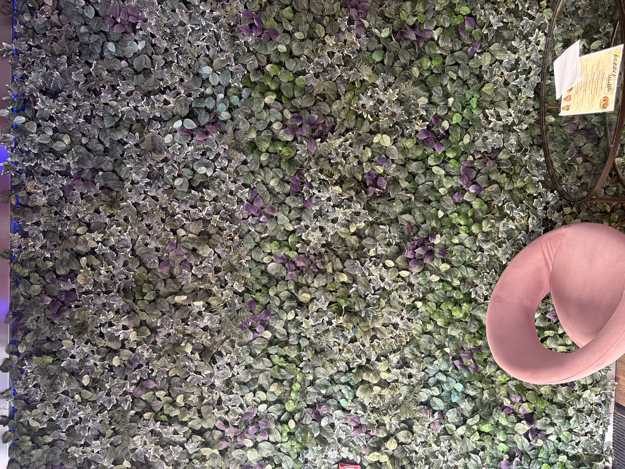 The image displays a wall covered in artificial greenery, featuring a mix of green and purple leaves. In the foreground, a plush pink armchair is positioned to the left, and a round glass-topped table with a metal frame sits to the right. On the table, a menu or leaflet is visible. The overall aesthetic suggests an indoor setting, possibly a cafe or a restaurant, designed with a botanical theme. The lighting appears to be artificial, with a hint of blue light at the top of the green wall, suggesting it might be decorative. The scene is devoid of any people, and no specific London landmarks or geographical indicators are present.