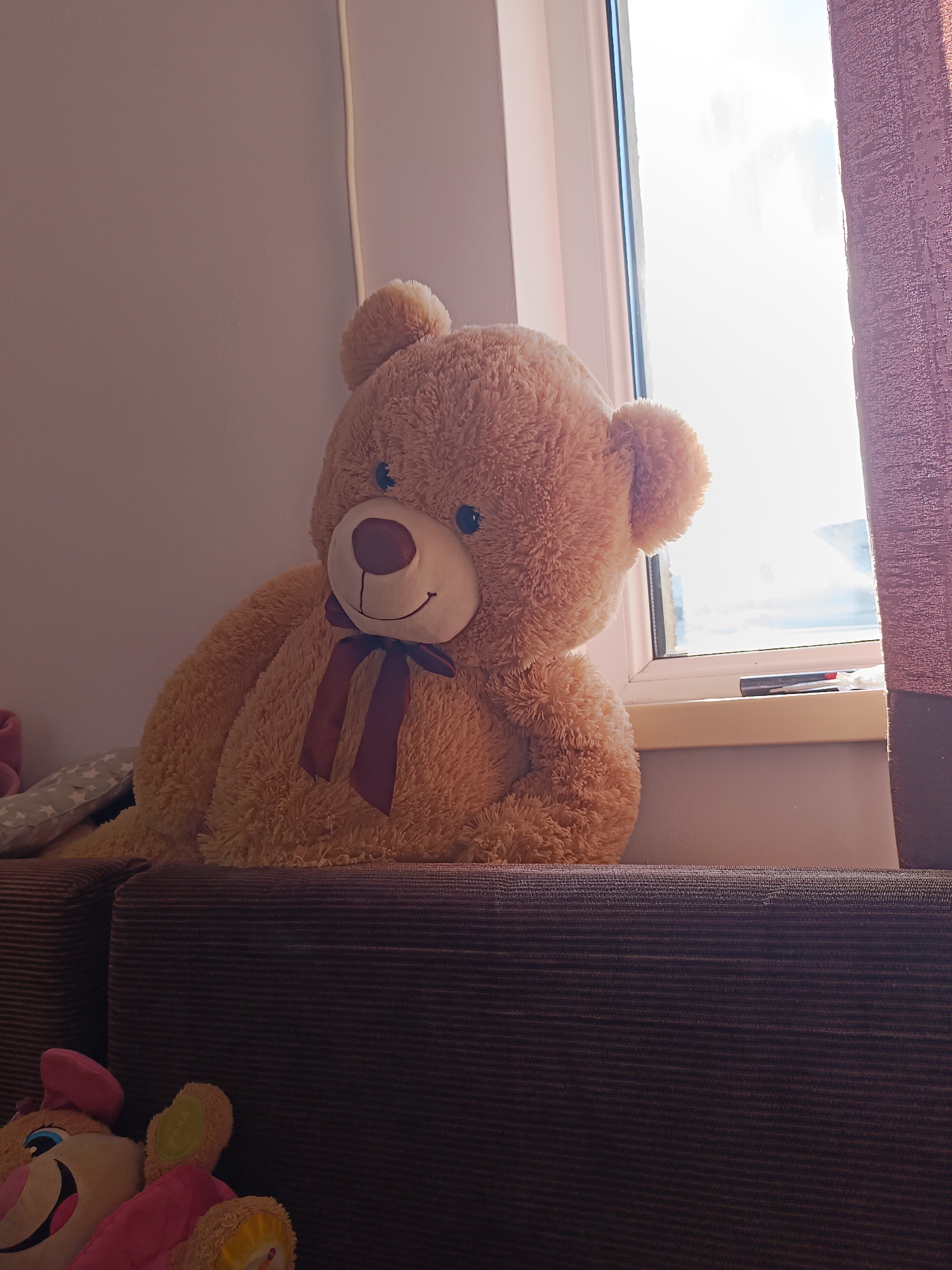 A large teddy bear sits on a dark brown corduroy couch near a window. The bear is light brown with a red bow tie, a brown nose, and blue eyes. The window is partially covered by a purple curtain and shows a bright, sunny sky outside. In the lower left corner, a portion of another stuffed animal is visible. The scene is indoors, with a light purple wall visible behind the bear. The location is not specified.