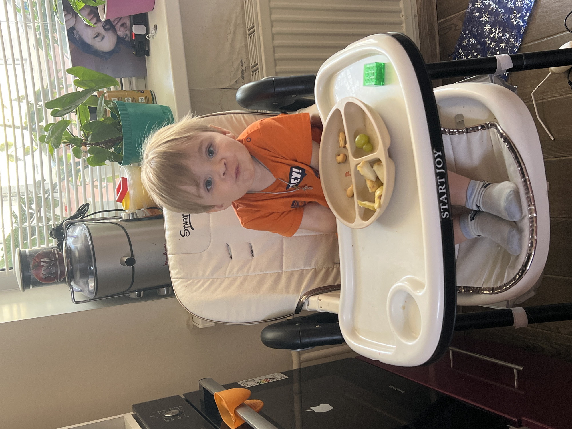 A young boy with blond hair and blue eyes is sitting in a high chair. He is wearing an orange t-shirt and gray socks. In front of him is a beige plate with food, including grapes and crackers. There is a green toy on the tray. The high chair is in front of a window with blinds. There are plants on the windowsill, as well as a picture frame with photos of people. To the left of the high chair is a kitchen appliance, possibly a juicer. To the right is a radiator. The floor is wooden. The overall setting appears to be a domestic environment, likely a kitchen or dining area. The image does not contain any information that would allow for its specific location within Noviy, Russia.