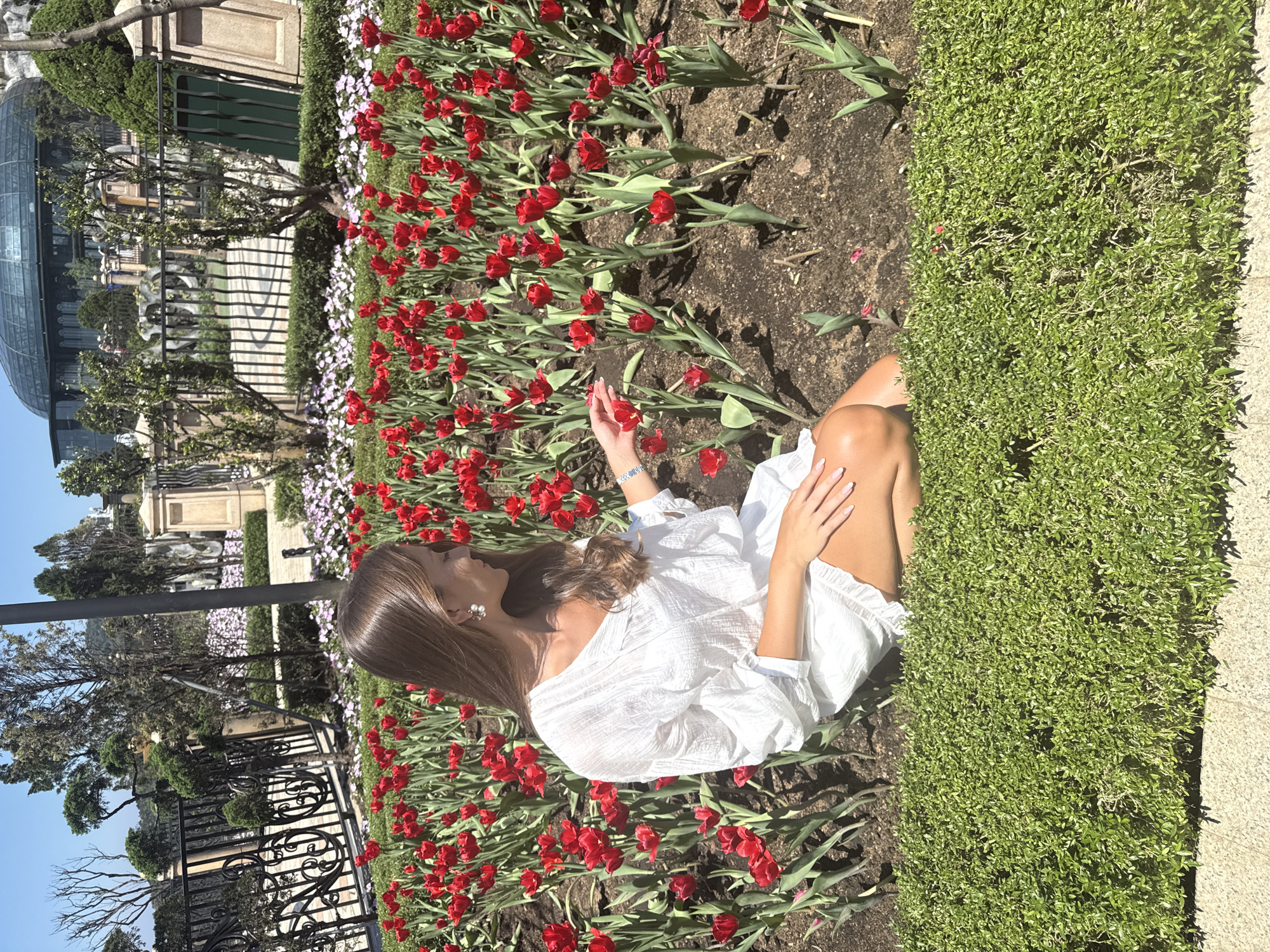 The image captures a woman in a white dress seated amidst a bed of red tulips. She is holding one of the flowers in her hand. Behind the flower bed is an ornate black metal fence, and behind the fence, there's greenery, trees, and a structure with a glass dome. The location is the Ba Na Hills tourist area, located in Đà Nẵng, Vietnam.