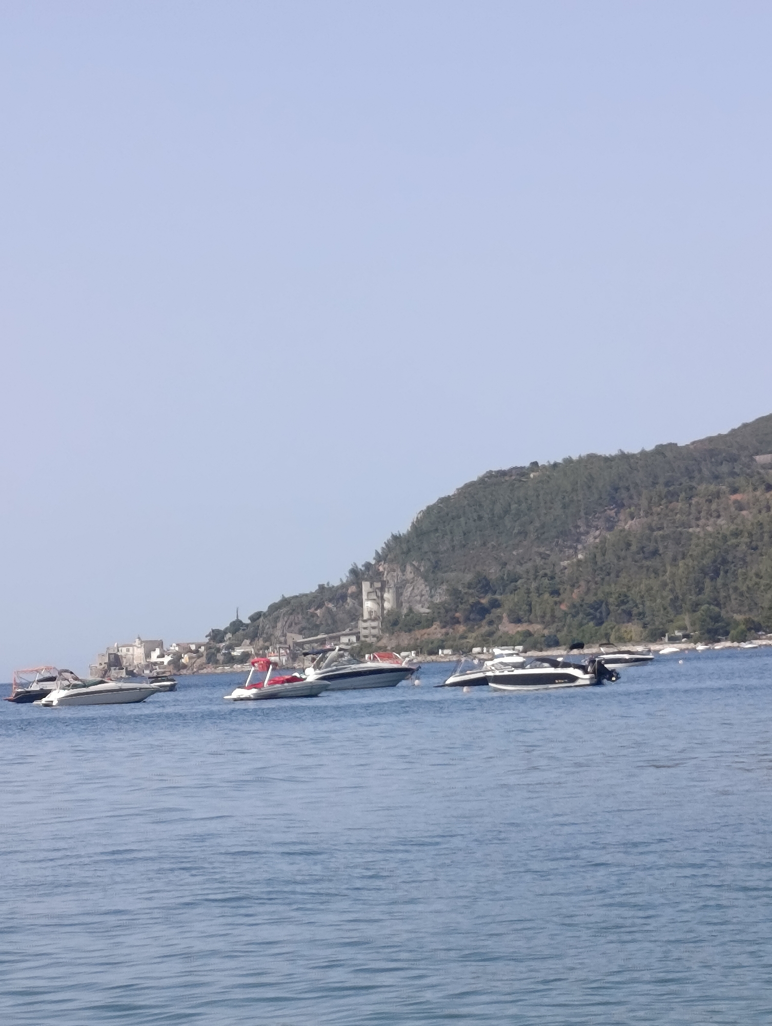 The image depicts a picturesque view of boats anchored in a calm, blue body of water with a hillside dotted with buildings and lush green trees in the background. The scene is illuminated by clear, bright daylight, suggesting a pleasant weather day. Several motorboats of varying sizes are visible, some appearing modern and sleek with white hulls and dark accents, while others have a more rustic aesthetic with red canopies. One boat on the far left appears to be partially obscured by another. The hillside town exhibits a cluster of structures, including what seems to be a church or prominent building with a tower. The overall atmosphere is serene and idyllic, evoking a sense of coastal tranquility. This scene likely represents a view from the vicinity of Setúbal, Portugal, a city known for its beautiful coastline and maritime activities.