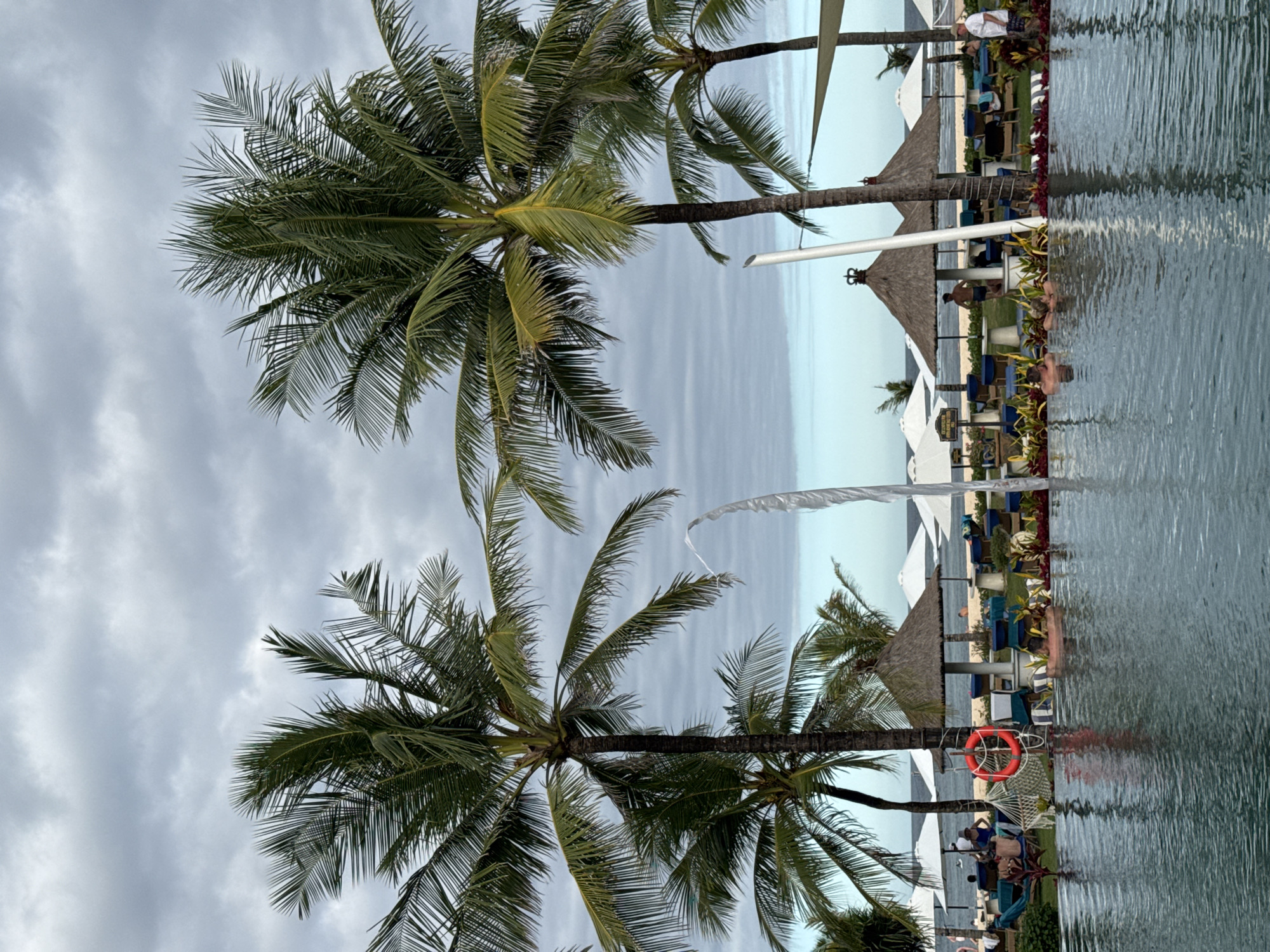 This image depicts a scene in Kuta Selatan, Indonesia, showing palm trees against a cloudy sky. Adjacent to the trees is a pool of water. In the background are beach umbrellas, lounge chairs, and people, suggesting a resort or beachside setting. A life ring is visible near the pool. The scene is shot with the view rotated 90 degrees clockwise.