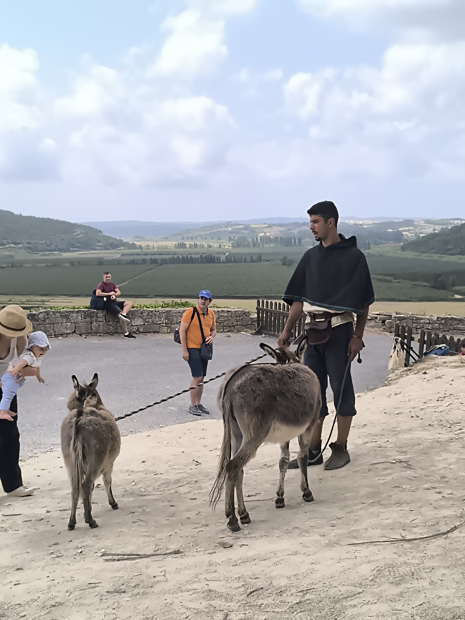 This image depicts a scenic overlook with people and donkeys in the foreground. A young man, dressed in a dark hooded garment and dark pants with a pouch at his waist, is holding the reins of a donkey. Another donkey stands beside it, also on a tether. To the left, a woman wearing a straw hat is holding a baby. In the background, several people are seated on a stone wall overlooking a valley with rolling hills and vineyards. The sky is partly cloudy. The scene appears to be set in a rural or historical location. While the prompt mentions the city of Óbidos, Portugal, there are no specific visual cues in the image to confirm this exact location, though the landscape and architecture are consistent with Portuguese scenery.