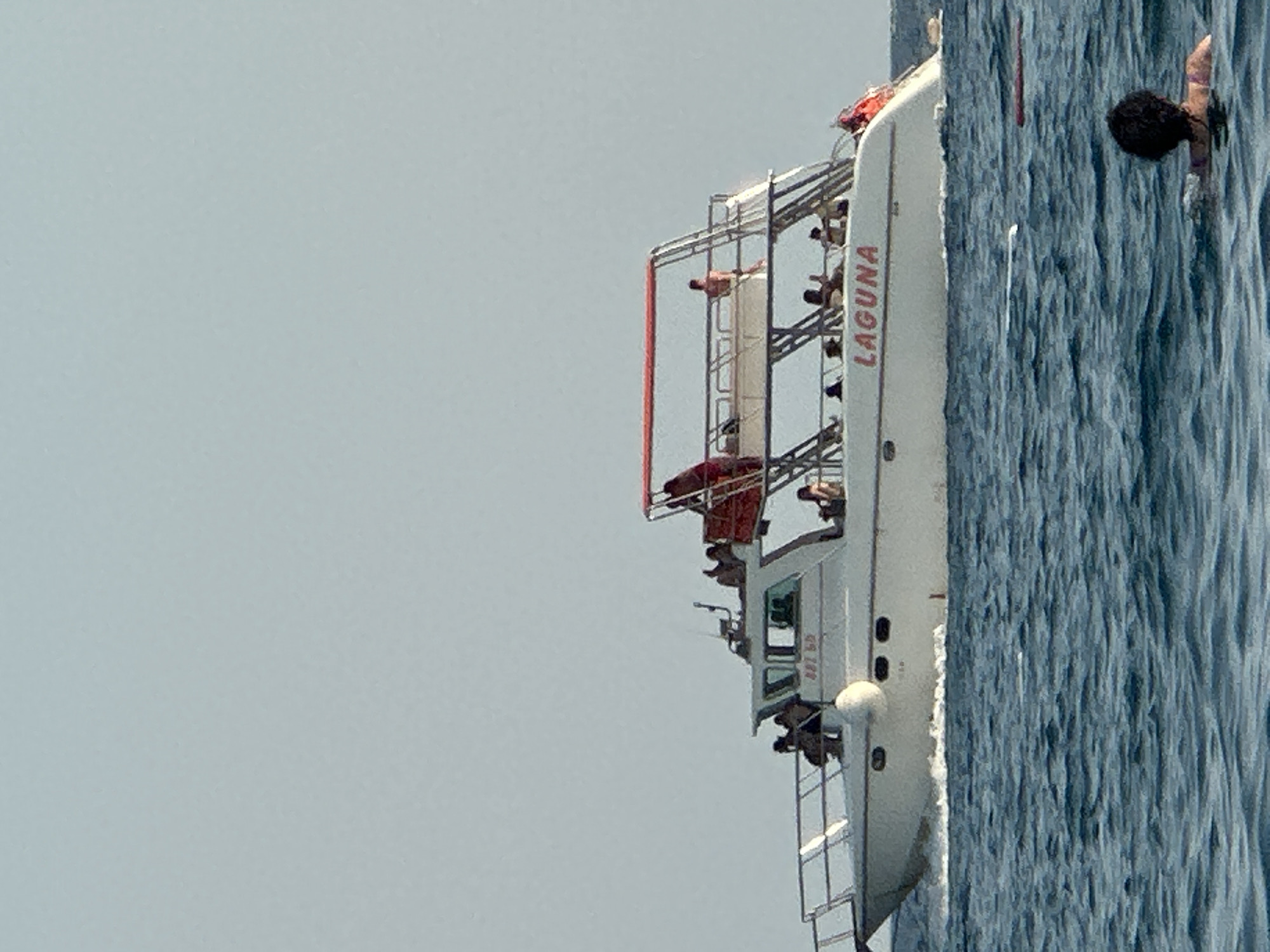 A white tourist boat with an upper deck and a red awning is sailing on a body of water. The boat is labeled "LAGUNA" in red letters. Several people are visible on the boat, some standing and some sitting. One person is standing on the upper deck facing away from the camera. In the foreground, a person with dark hair is swimming in the water, facing away from the camera. The water is choppy and appears to be the sea. The sky is clear and light blue. The scene is likely taking place on a sunny day at sea near a coastal town.