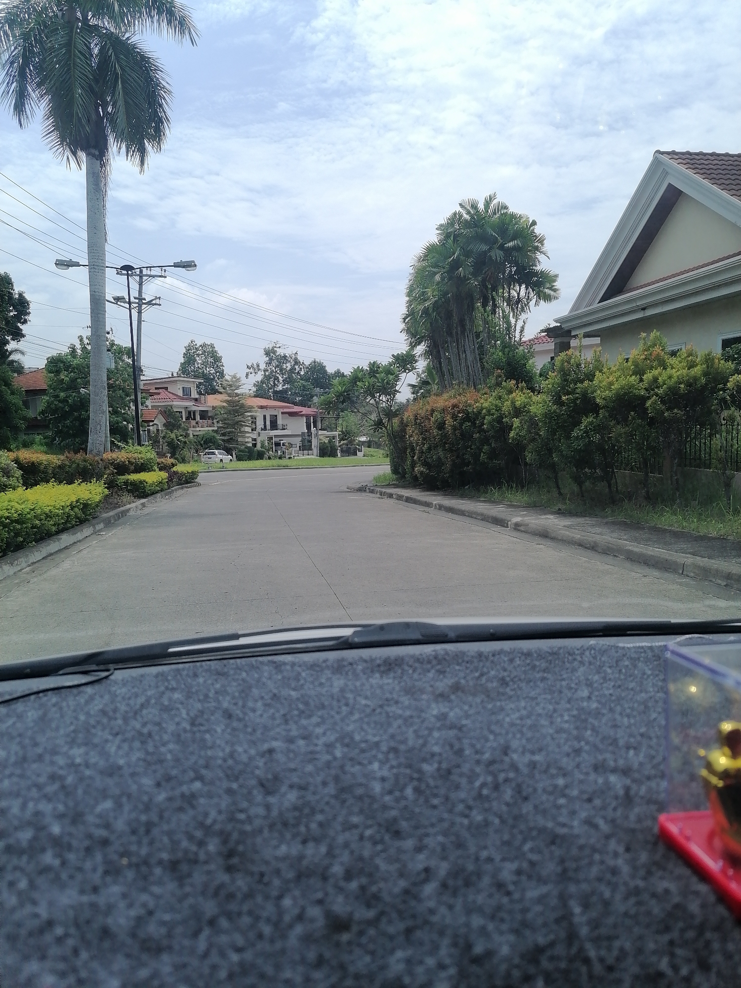 The image captures a view from inside a stationary car, looking down a residential street in what appears to be a well-maintained subdivision in Davao City, Philippines. The car's dashboard, covered with a dark, textured material, occupies the lower foreground. A concrete road extends into the distance, bordered by low concrete curbs and a landscaped strip of green and reddish-green bushes.
On the left, a tall palm tree stands prominently, with a utility pole supporting streetlights and numerous overhead power lines nearby. Further along the left side, various houses with tiled roofs and light-colored walls are nestled among abundant trees and foliage. A white car is visible parked in the distance near one of the houses.
The right side of the frame features a cluster of bushy palm trees and the corner of a house with a distinct gable roof, also with a tiled finish. More dense green shrubbery lines the street on this side. The sky above is bright but overcast, with scattered white clouds, suggesting it is daytime. On the far right of the dashboard, a small decorative object, appearing to be a golden figurine inside a clear plastic box on a red base, is partially visible. No people are present, and no discernable activity is taking place beyond the observation of the scene. There is no visible text.