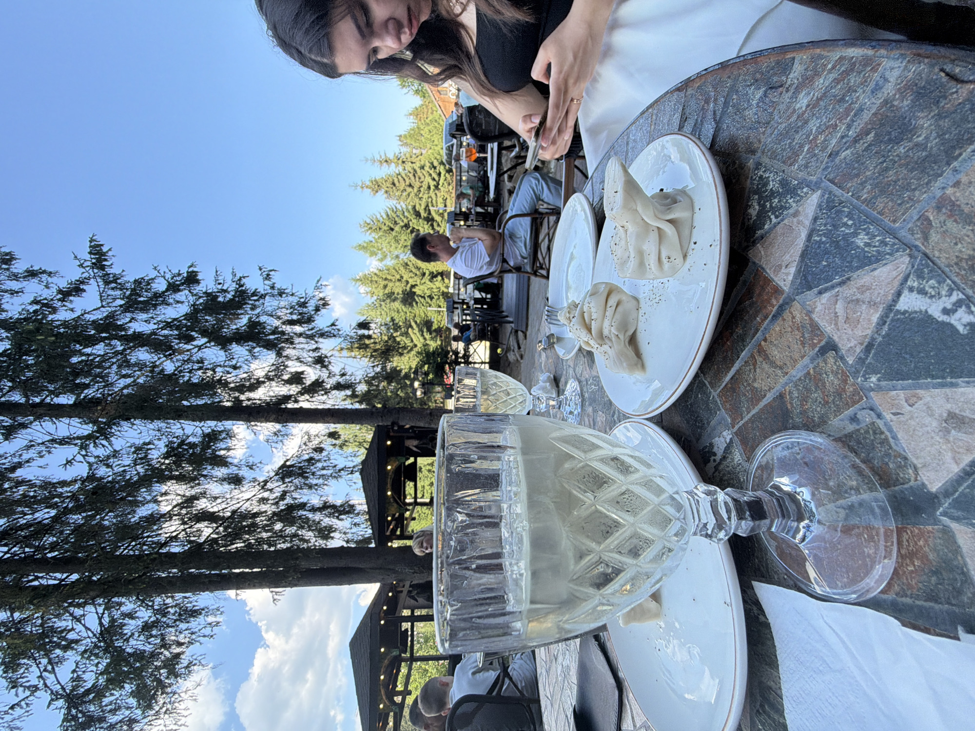 A medium shot captures a dining scene outdoors, likely at a restaurant with a wooded backdrop. In the foreground, a textured stone table holds several plates and a large glass of white wine. Two white plates are visible, one with two dumplings dusted with pepper and another partially obscured with what appears to be food remnants. A large, ornate glass filled with white wine and ice sits prominently on the left side of the table. To the right, a young woman with dark hair, wearing a black top and a white skirt, is seated and focused on her smartphone. In the mid-ground, other diners are seated at tables, with a man in a white t-shirt and blue jeans visible in a chair. The background reveals a natural landscape with tall evergreen trees and a bright blue sky with scattered clouds. Several covered outdoor seating areas or gazebos are also present in the mid-ground, suggesting a resort or restaurant complex in a natural setting, consistent with locations in Polianytsia, Ukraine.