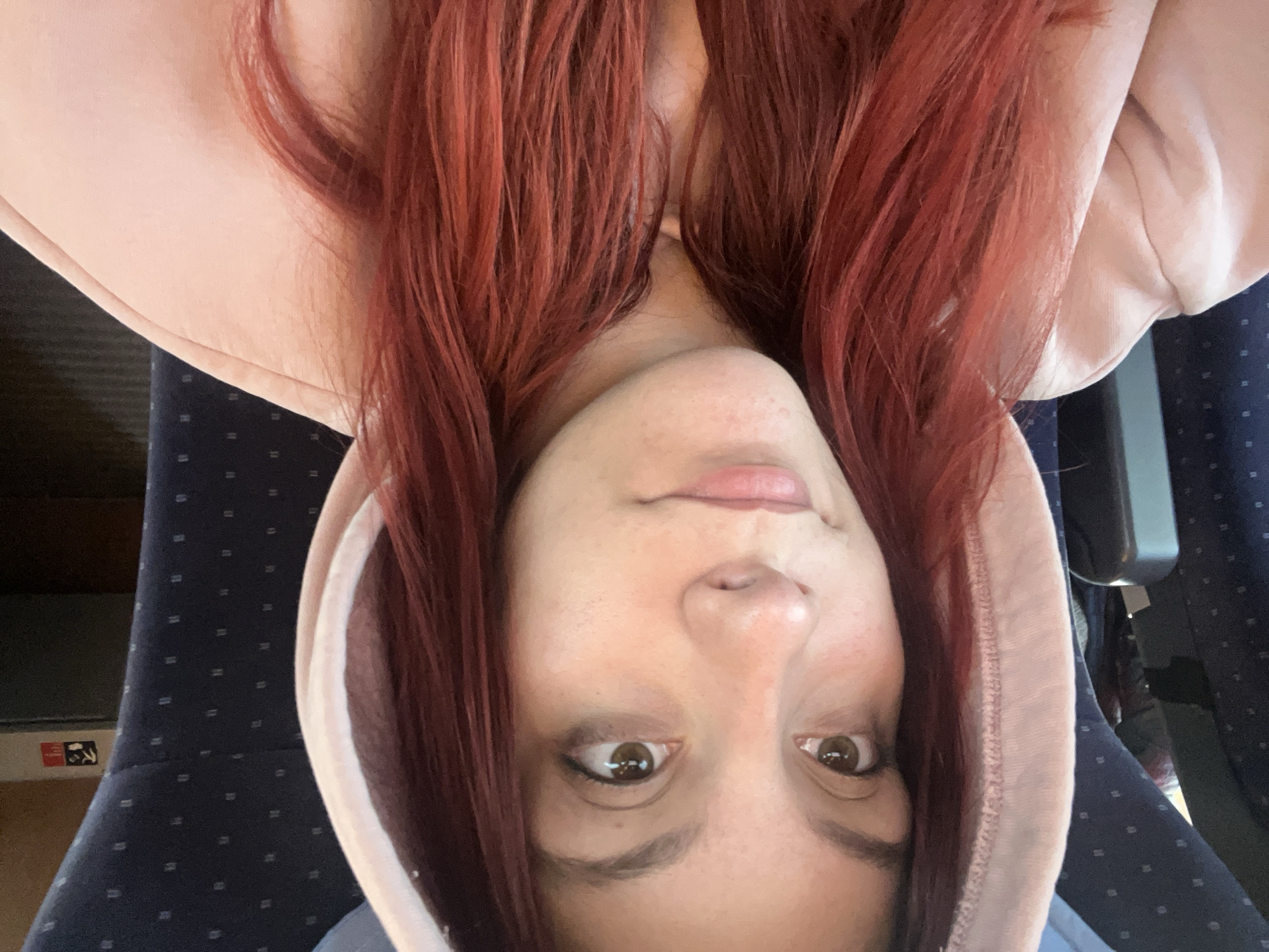 A selfie, taken in an upside-down orientation, shows a fair-skinned woman with reddish-brown hair wearing a light pink hooded sweatshirt. She has brown eyes and appears to be indoors. The background features a blue fabric seat with a repeating dot pattern. A small sign is visible on a compartment wall. The environment appears to be a train or public transport setting. The exact location within the city of Verinsko, Bulgaria is not discernable from the available visual information.