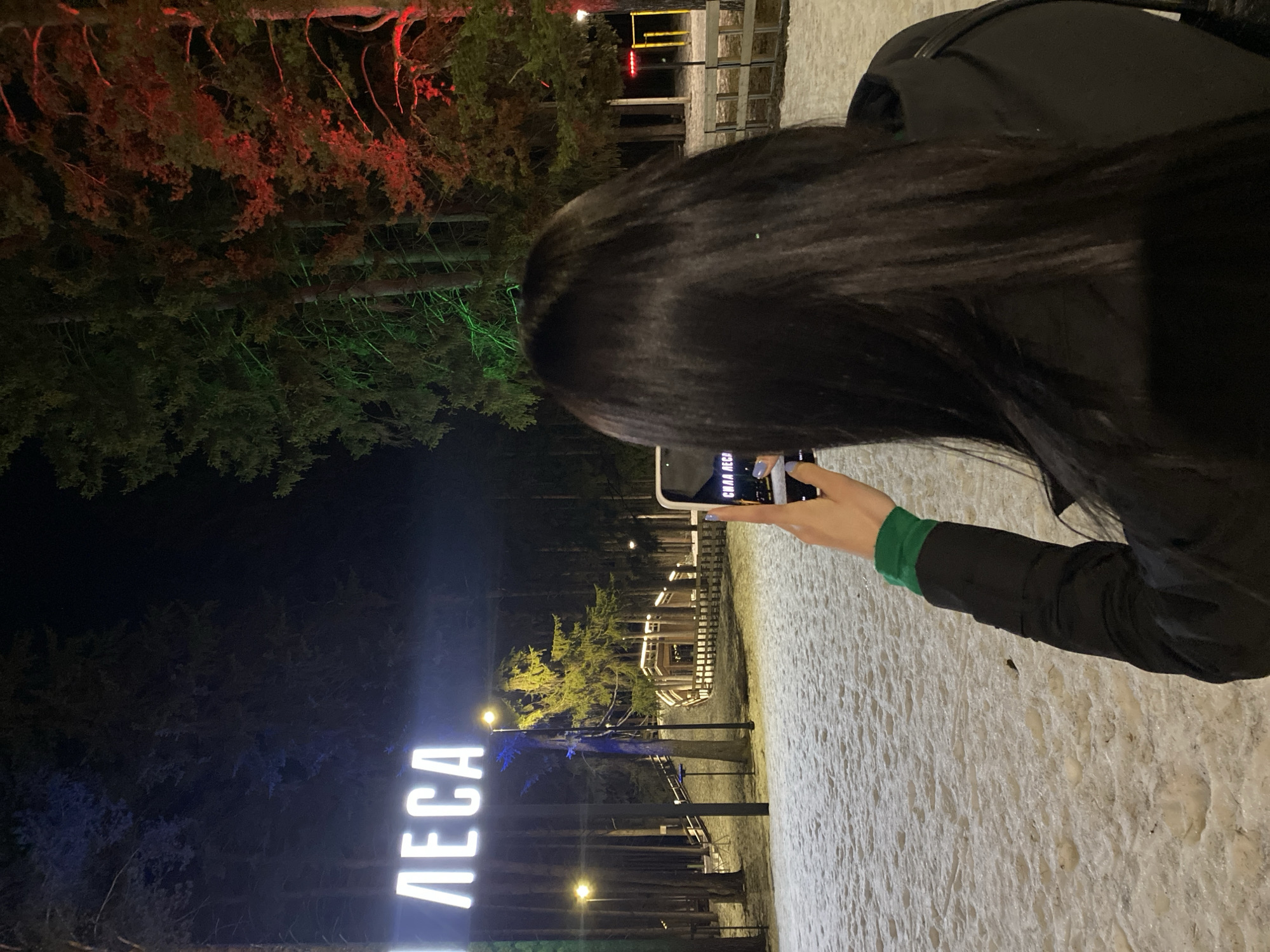 A woman with long black hair is taking a photograph with her smartphone of a park entrance with the illuminated Cyrillic word "ЛЕСА" (meaning "Forests" in Russian). The photo is taken at night. The park entrance is illuminated with white and blue lights. Trees behind the sign are also illuminated. Some of the trees in the background of the image have red and green lighting. The ground is covered in snow. This is most likely a park or recreation area named "Lesa," likely located in Votkinsk, Russia, as suggested by the Cyrillic sign. The woman is wearing a dark jacket with a green cuff visible on the sleeve of her left arm.