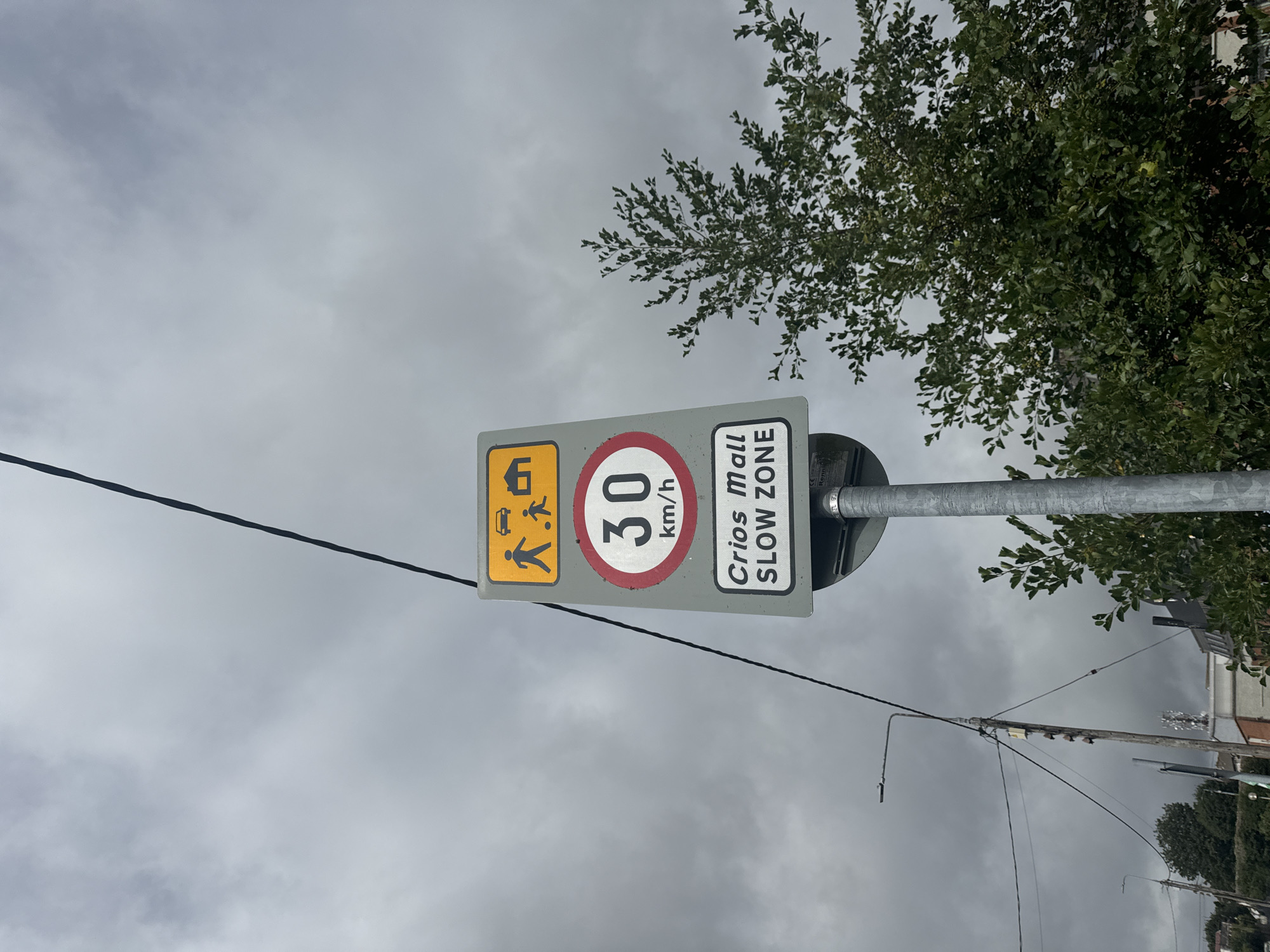 A traffic sign is mounted on a metal pole against a cloudy sky. The sign is grey and rectangular, with several smaller signs attached. The top sign is yellow with black icons of a car, a person walking, and a house. Below this is a circular red and white sign displaying "30 km/h". The bottom sign is white with black text reading "Crios Mall SLOW ZONE". The scene appears to be in a suburban or urban area, as suggested by the presence of utility poles, wires, and buildings in the background. A tree with dense green foliage is visible to the right of the traffic sign. The image was taken in Waterford, Ireland.