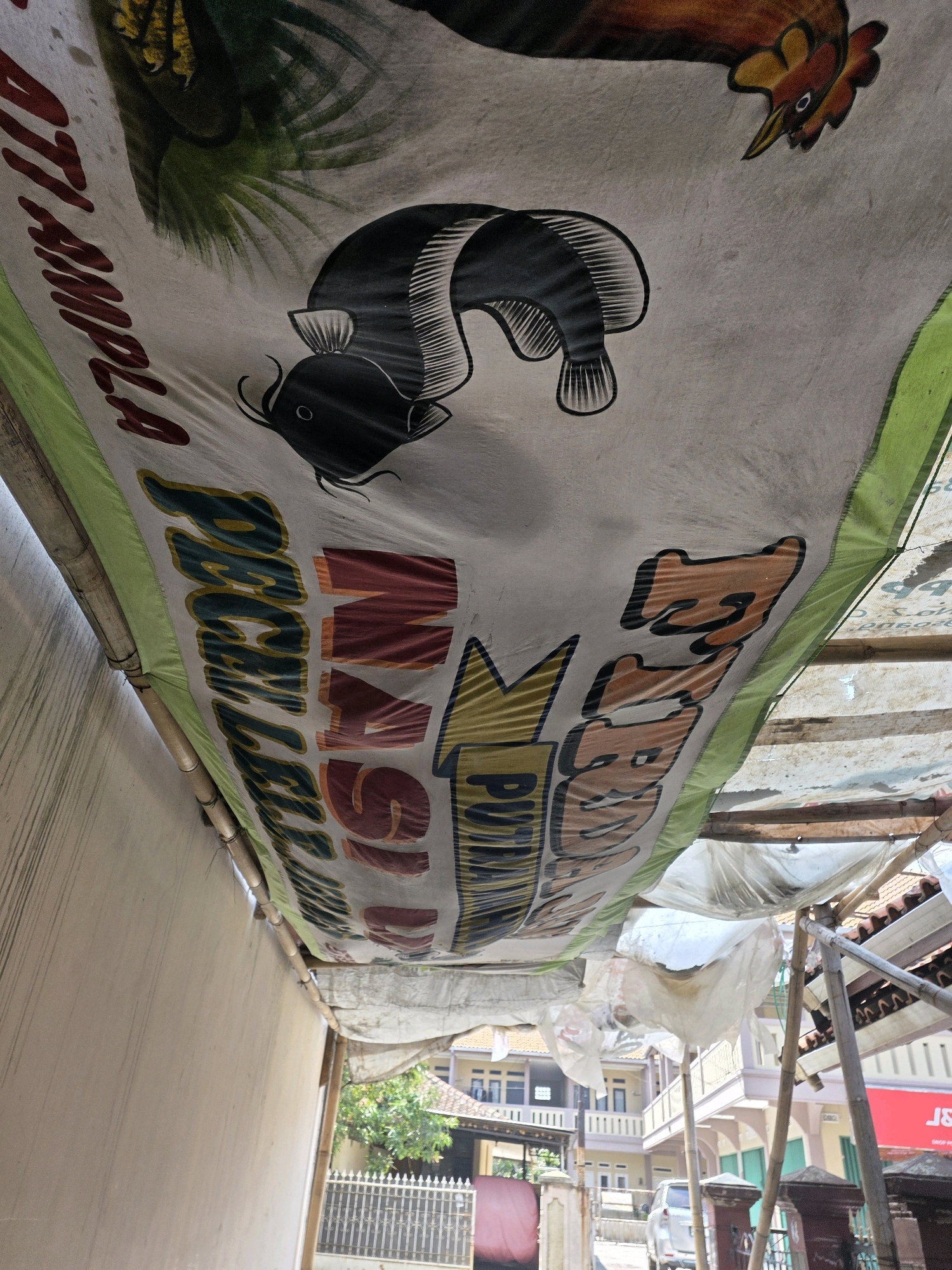 The image captures a street scene in Bojongsoang, Indonesia, focusing on a large, colorful banner stretched across the foreground. The banner, made of a flexible material, is adorned with cartoonish illustrations of a black fish and a red and yellow rooster, along with bold text in Indonesian. The text on the banner is partially obscured and appears to be promotional. The banner is supported by bamboo poles and appears to be a temporary structure, possibly for an event or business advertisement.
The background reveals typical Indonesian architecture with multi-story buildings, some featuring balconies and tiled roofs. A white car is parked on a slight incline in the middle distance. A metal fence separates the street from a property. Lush green trees and foliage are visible, adding to the residential feel of the location. The lighting suggests it is daytime, with shadows indicating sunlight. The overall impression is a snapshot of everyday life in a bustling Indonesian town.
