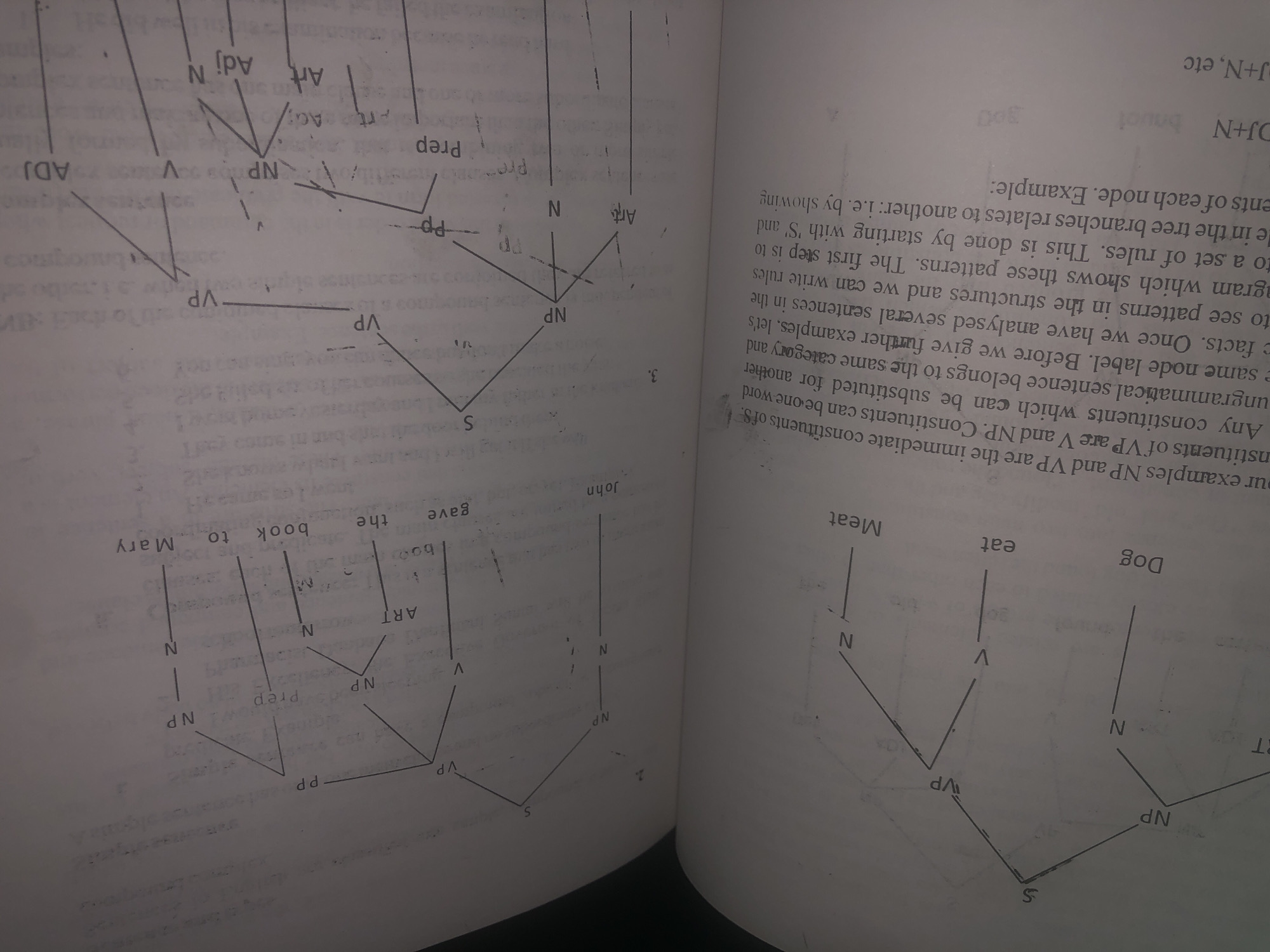 The image displays two linguistic tree diagrams, likely representing sentence structures. These diagrams consist of branches labeled with grammatical categories such as 'S' (Sentence), 'VP' (Verb Phrase), 'NP' (Noun Phrase), 'PP' (Prepositional Phrase), 'V' (Verb), 'N' (Noun), 'Prep' (Preposition), 'Art' (Article), and 'Adj' (Adjective). Words from sentences are placed at the terminal ends of the branches. The diagrams are printed on pages within a book, and the book itself is lying open. The background is indistinct, appearing as a textured surface, possibly a table or another book. There is no indication of a specific city, country, or Nigerian context within the image.